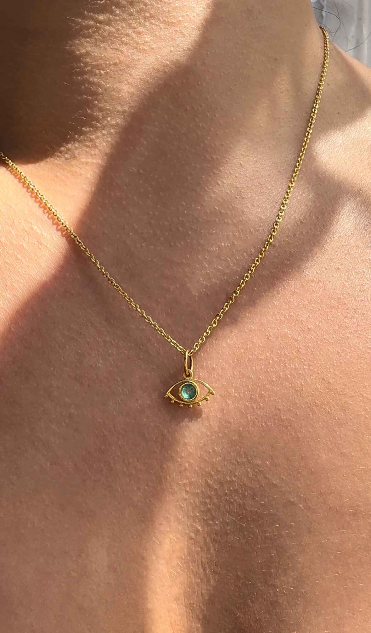 18K Gold Emerald Evil Eye Charm 16" Cable Chain