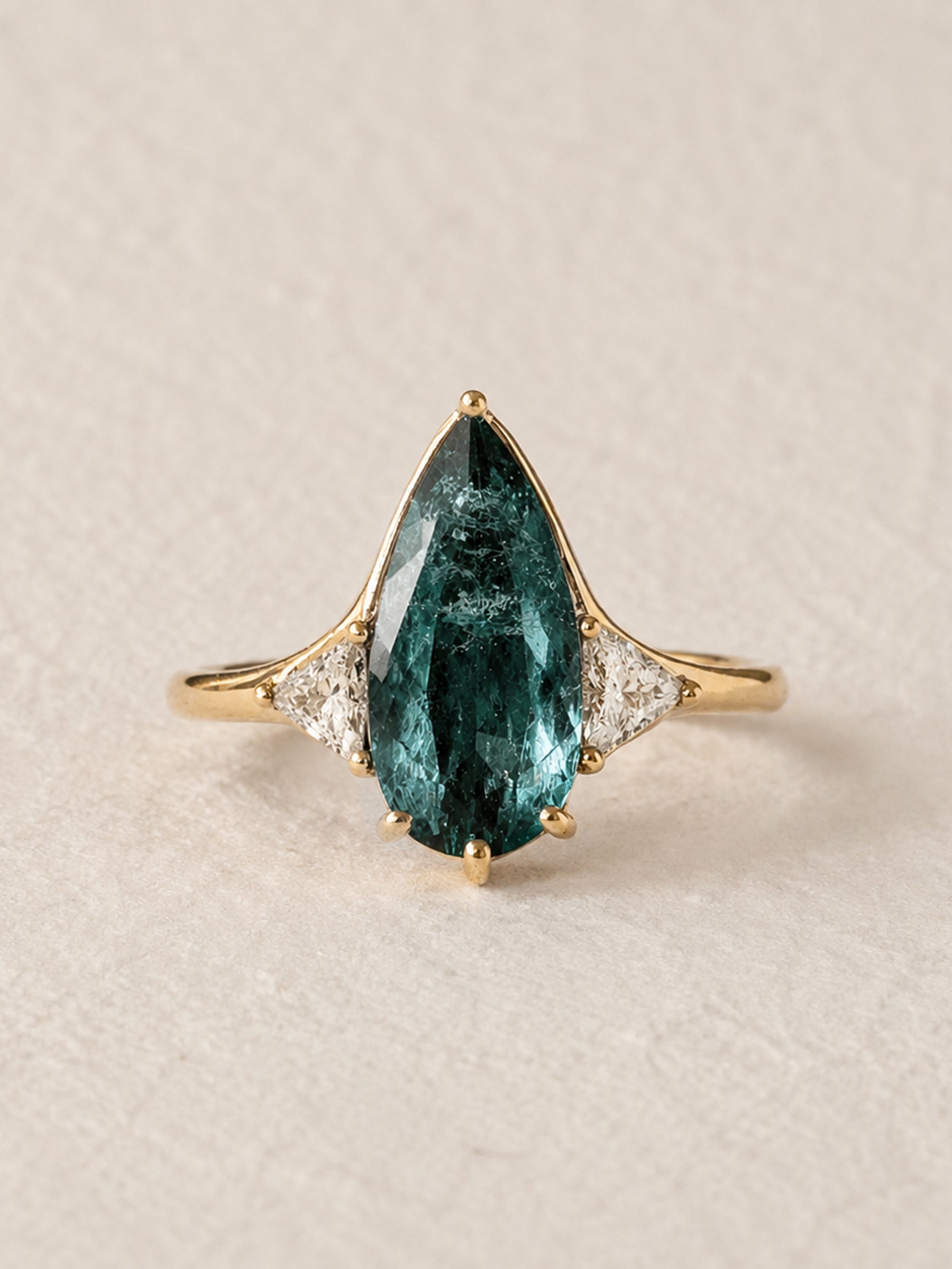 Blue Tourmaline Elongated Pear with White Diamond Side Stones Engagement Ring