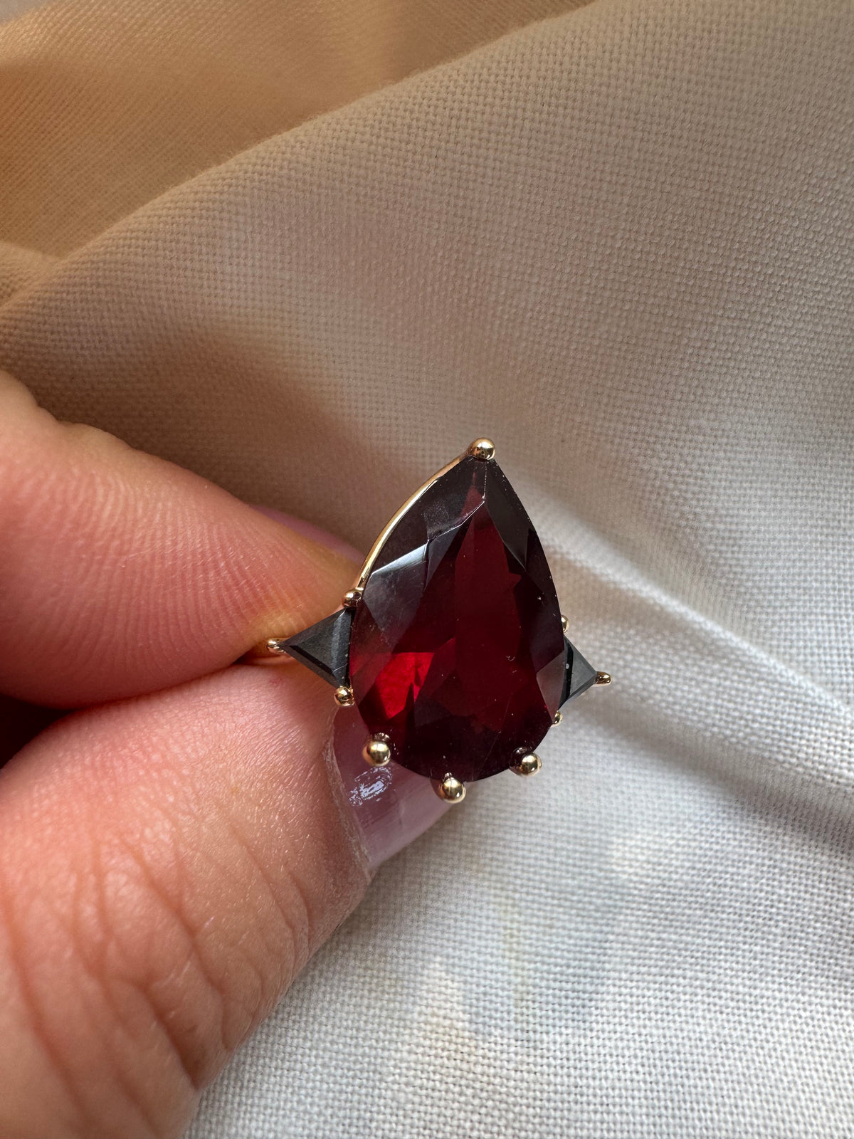 Garnet & Black Diamond Three Stone Pear Engagement Ring