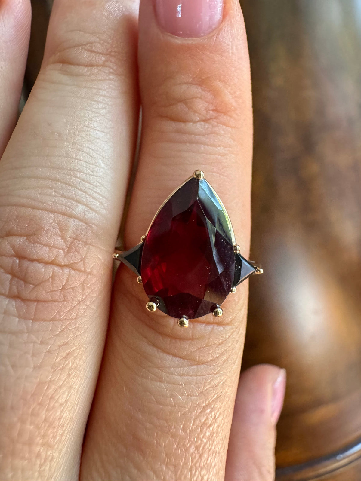 Garnet & Black Diamond Three Stone Pear Engagement Ring