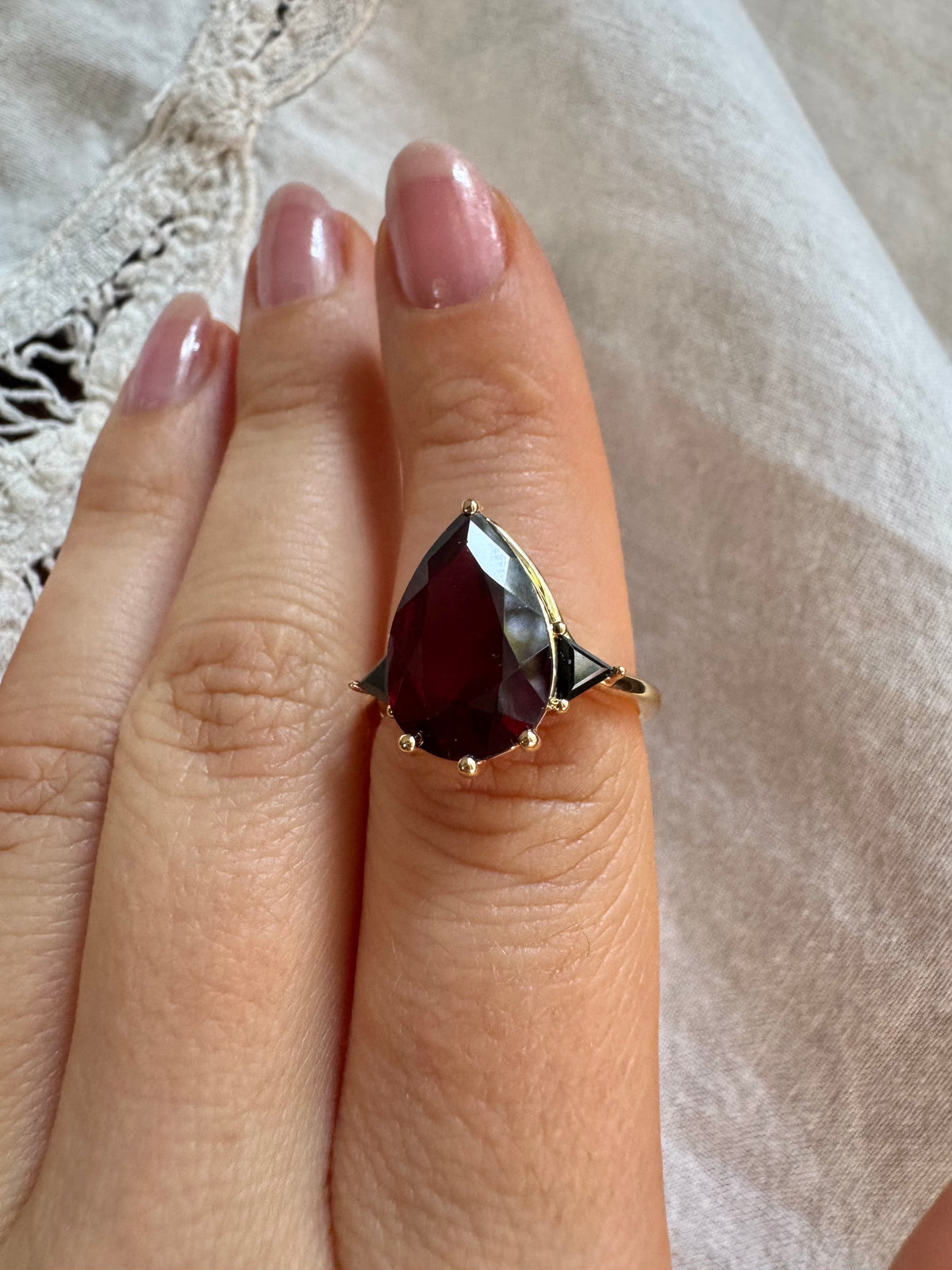 Garnet & Black Diamond Three Stone Pear Engagement Ring