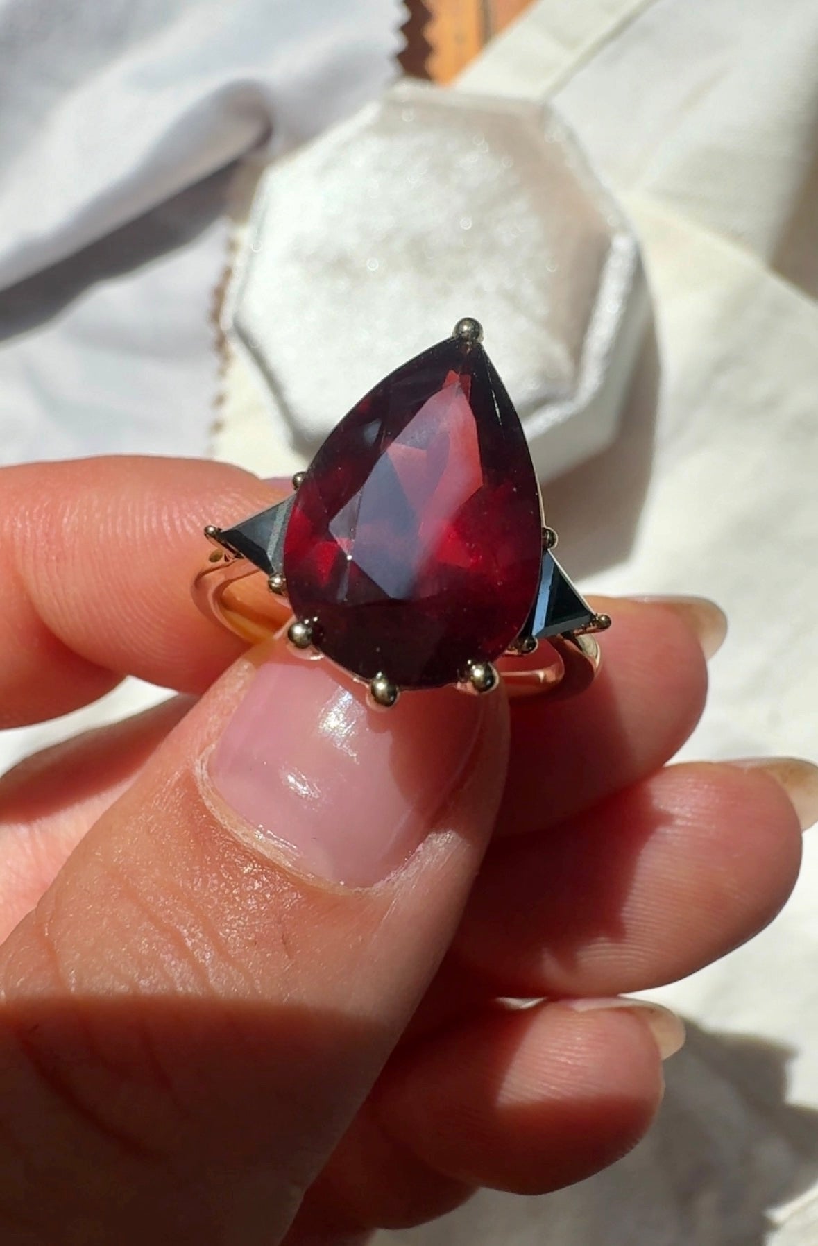 Garnet & Black Diamond Three Stone Pear Engagement Ring
