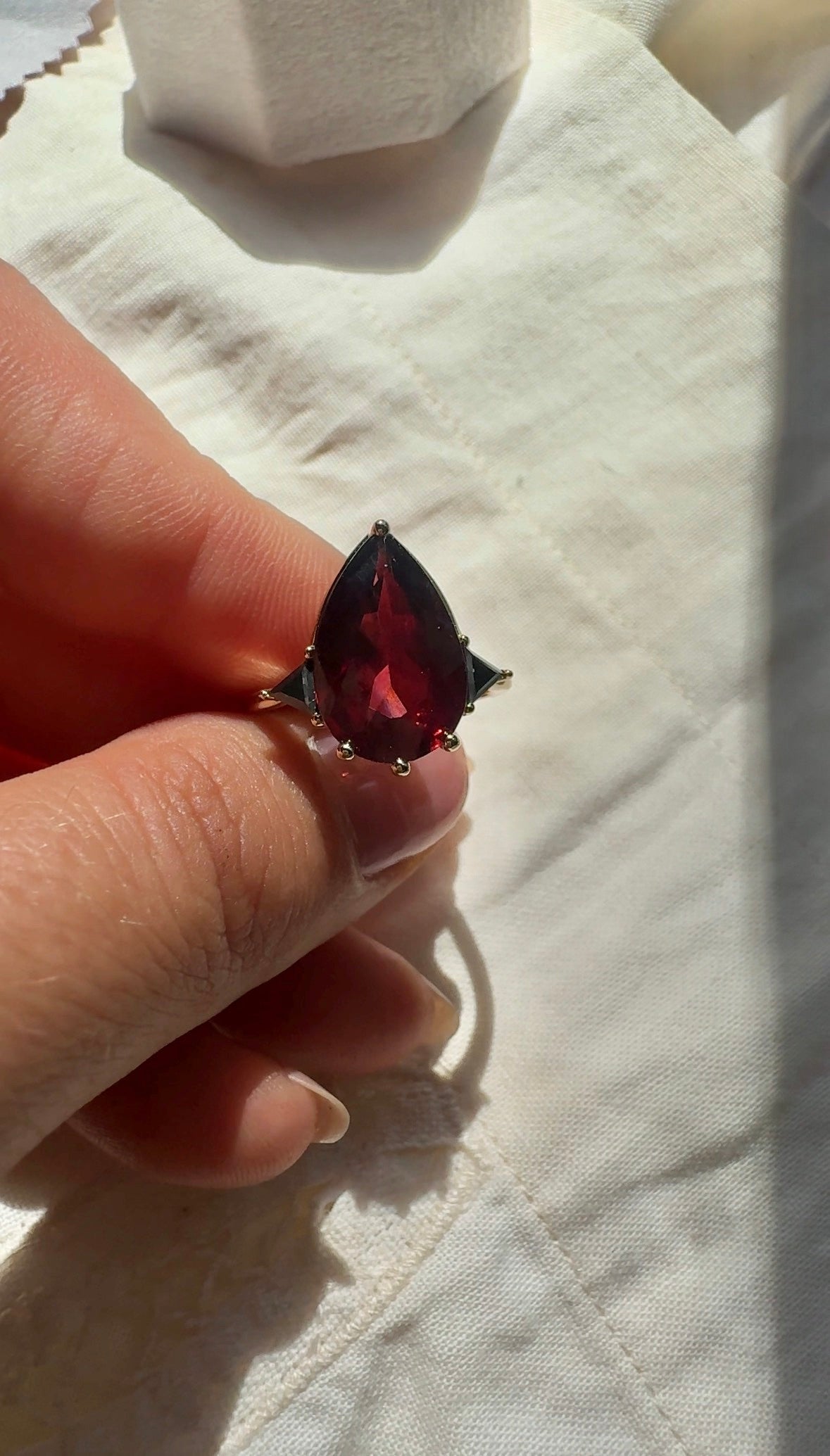Garnet & Black Diamond Three Stone Pear Engagement Ring