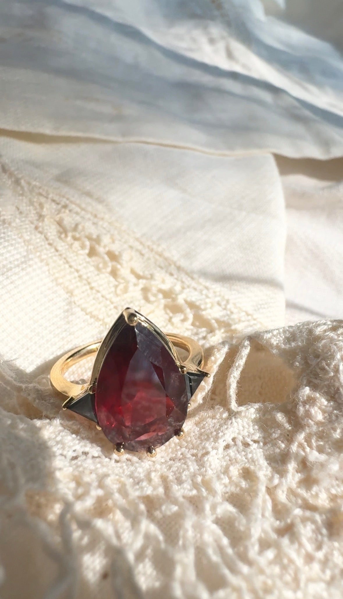 Garnet & Black Diamond Three Stone Pear Engagement Ring