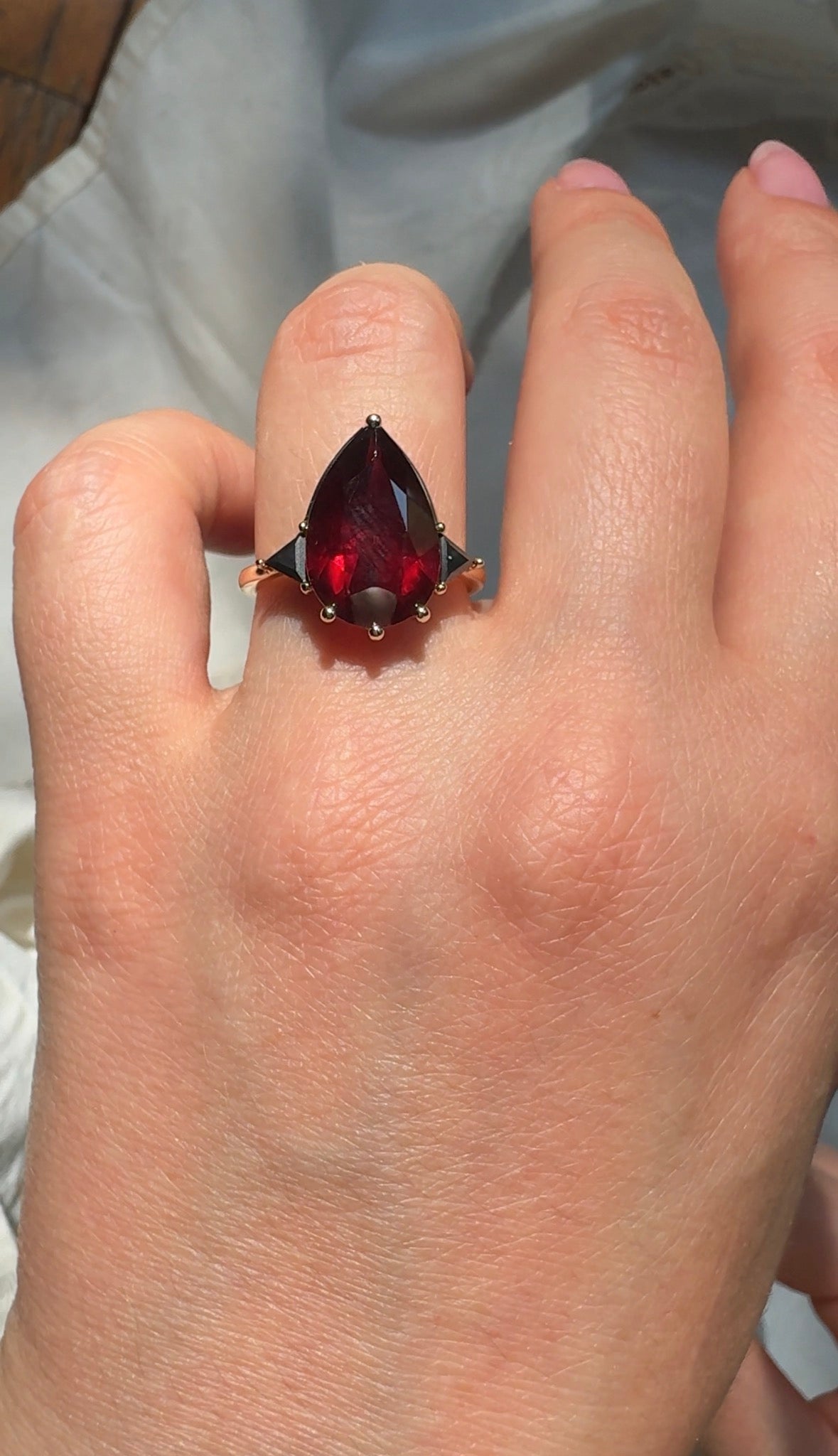 Garnet & Black Diamond Three Stone Pear Engagement Ring