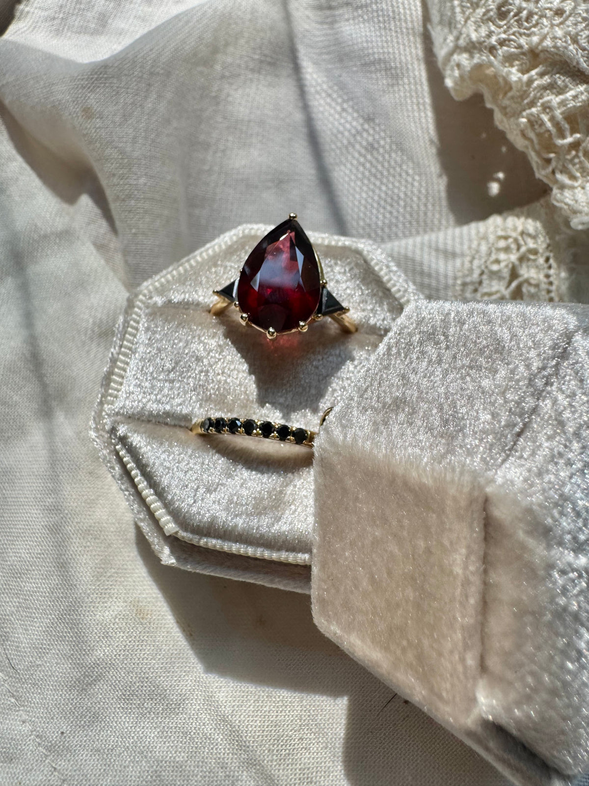 Garnet & Black Diamond Three Stone Pear Engagement Ring