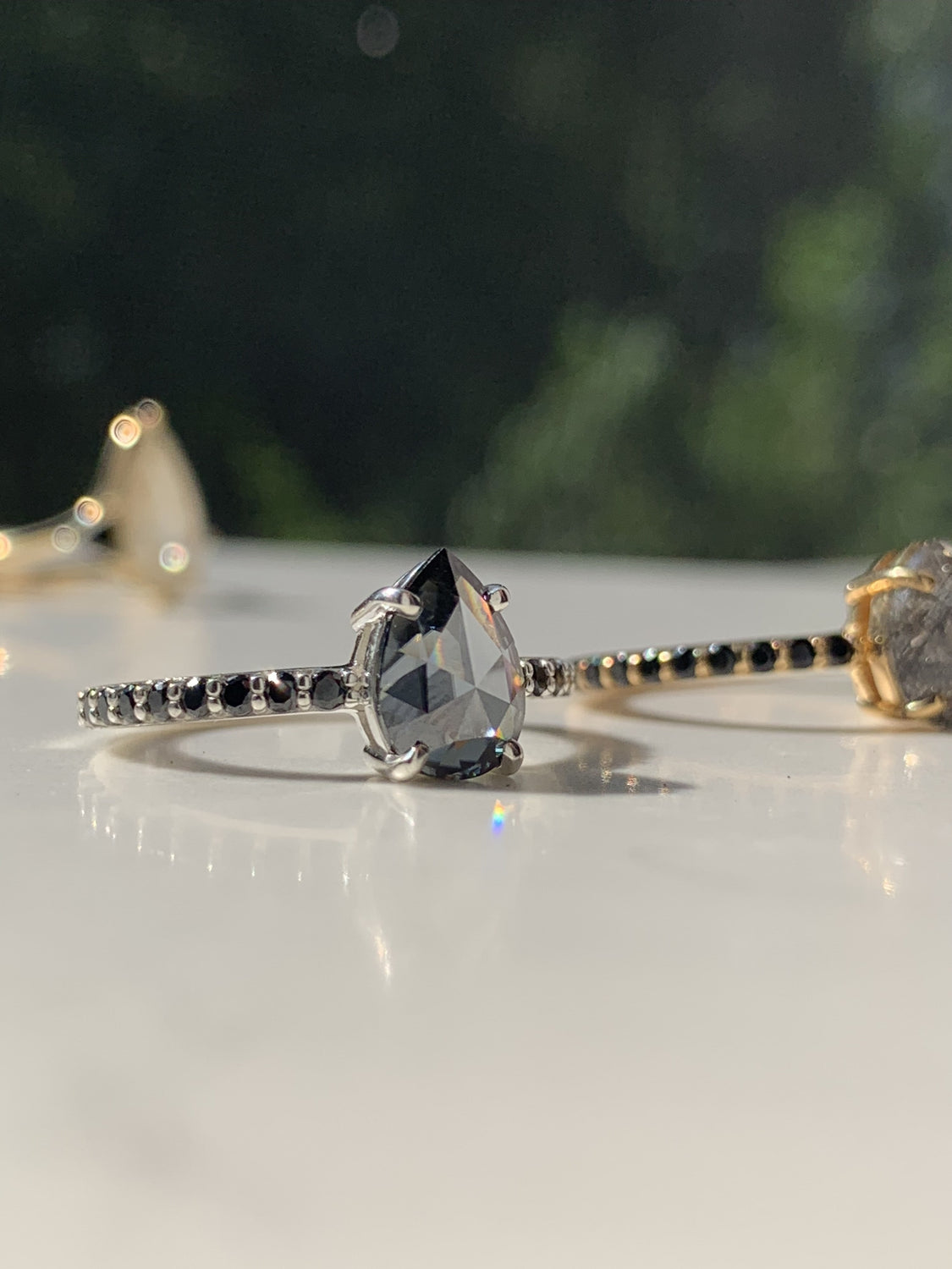 Salt & Pepper Pear Moissanite Engagement Ring