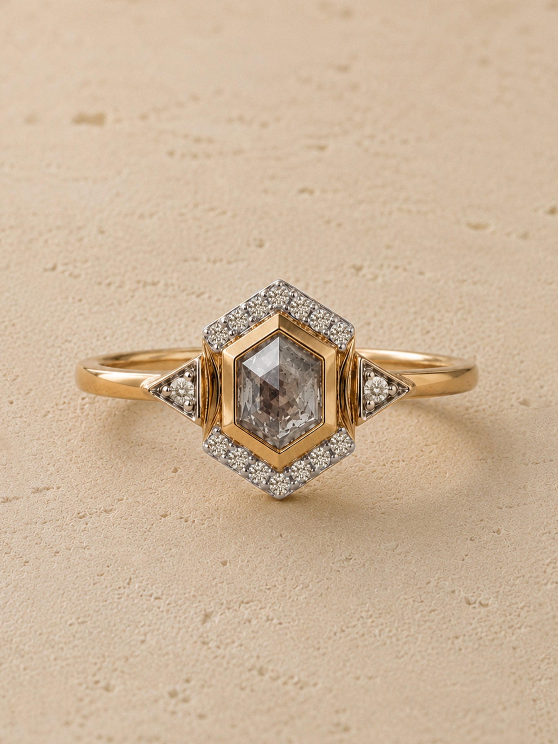 Hexagon Salt & Pepper Diamond Halo Engagement Ring