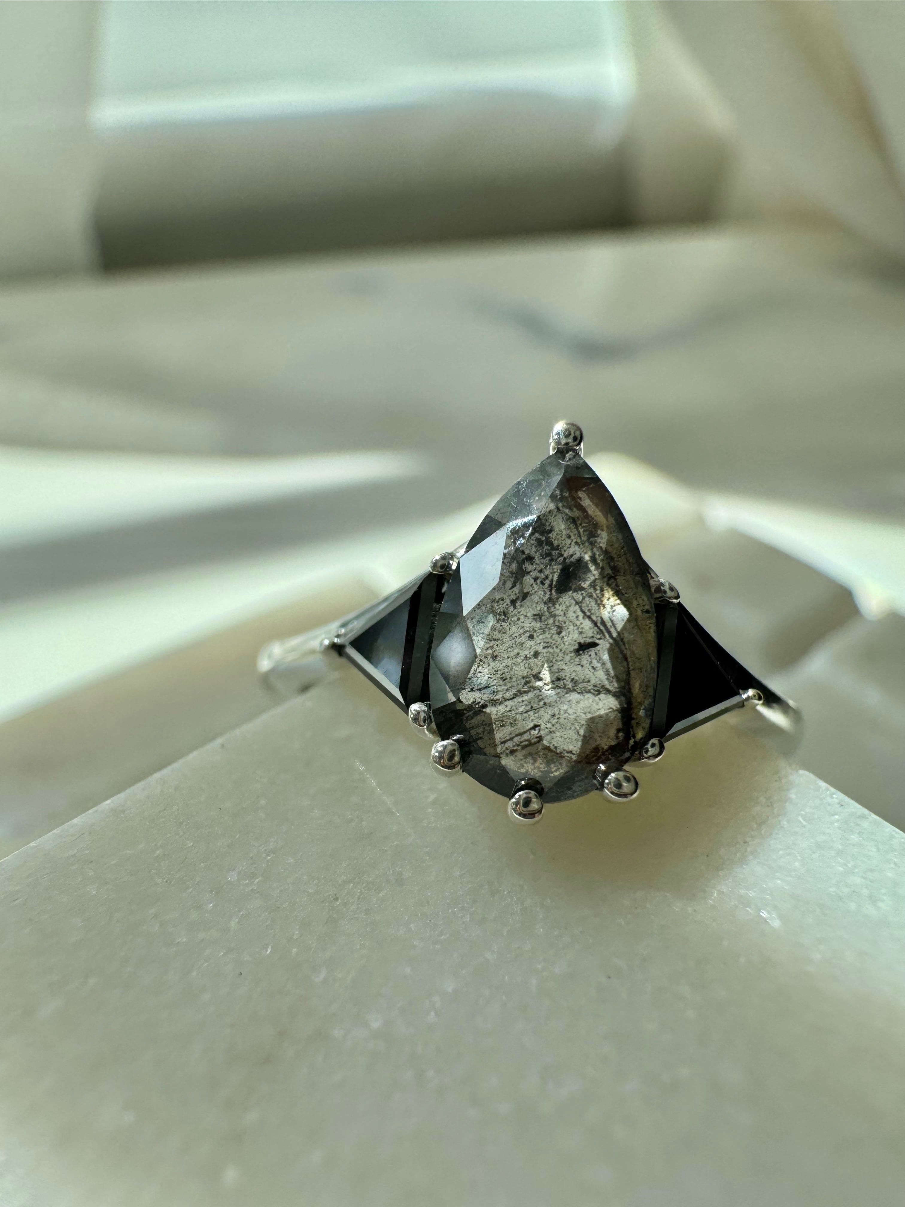 Salt & Pepper Pear Diamond and Black Onyx Custom Engagement Ring