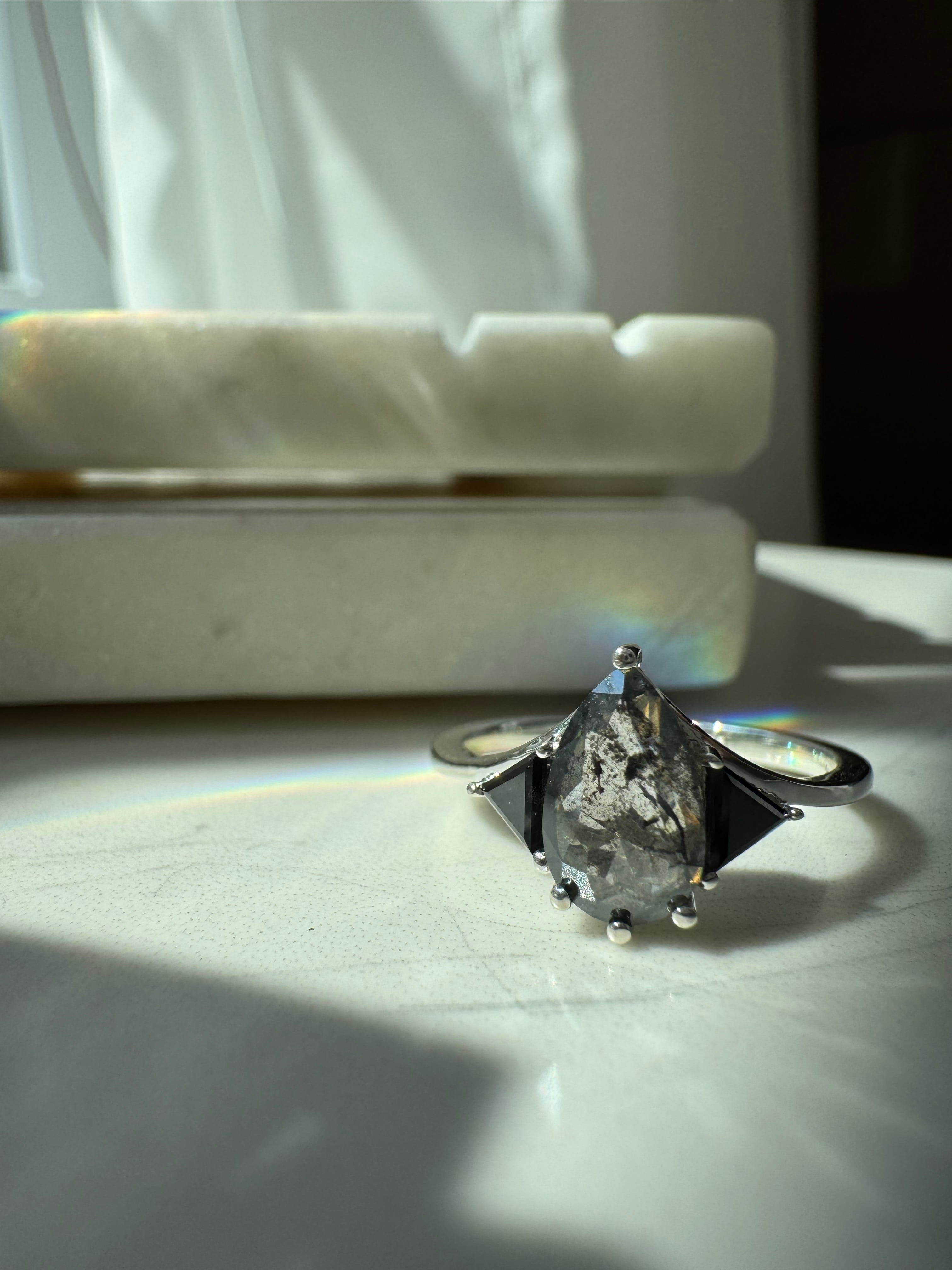 Salt & Pepper Pear Diamond and Black Onyx Custom Engagement Ring