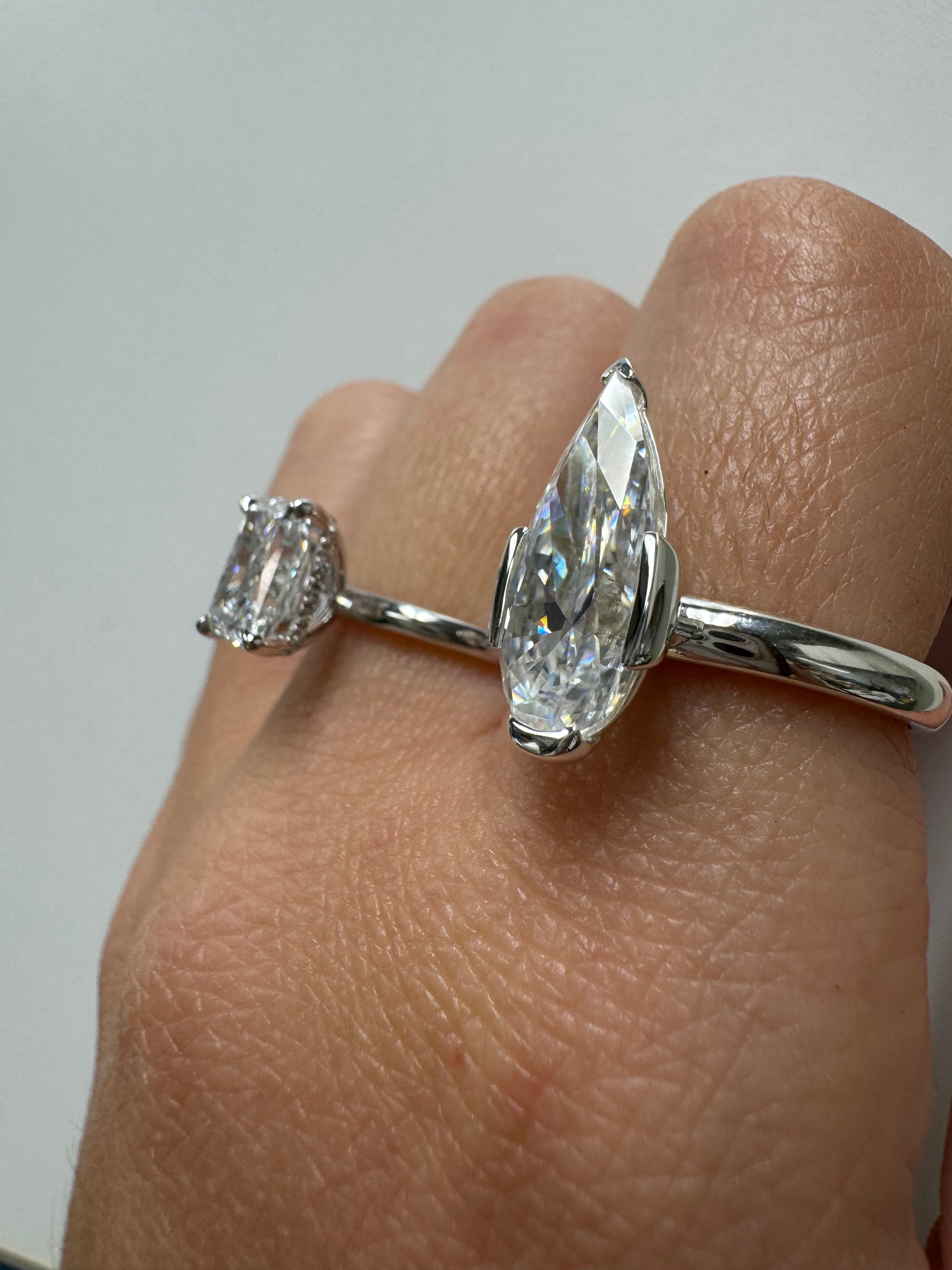 Moissanite Elongated Pear Bezel Prong Ring