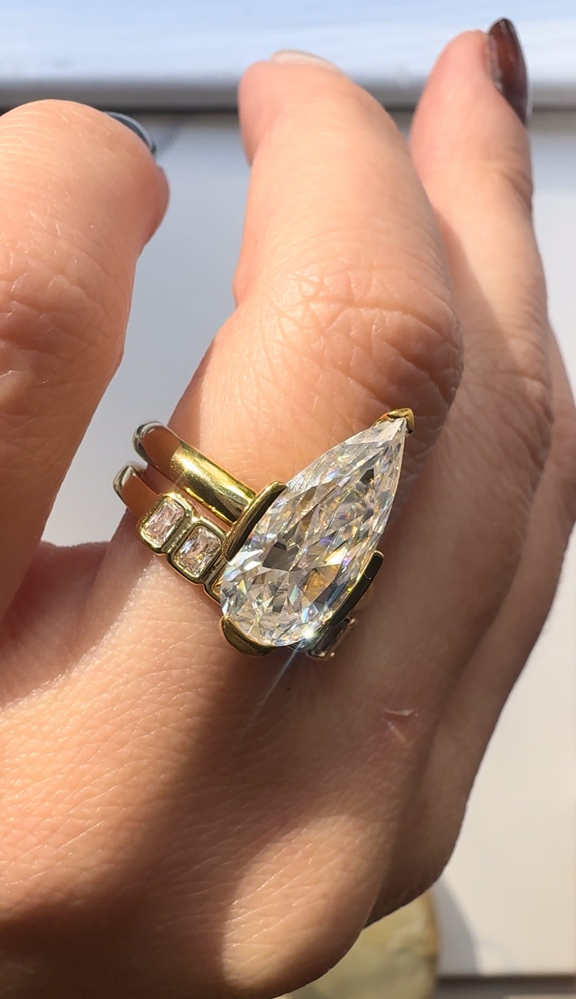Moissanite Elongated Pear Bezel Prong Ring