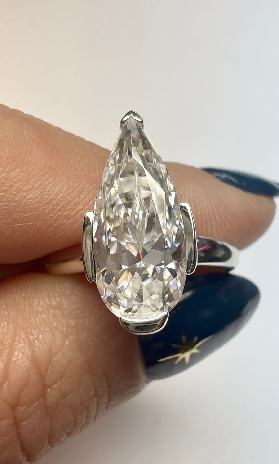 Moissanite Elongated Pear Bezel Prong Ring