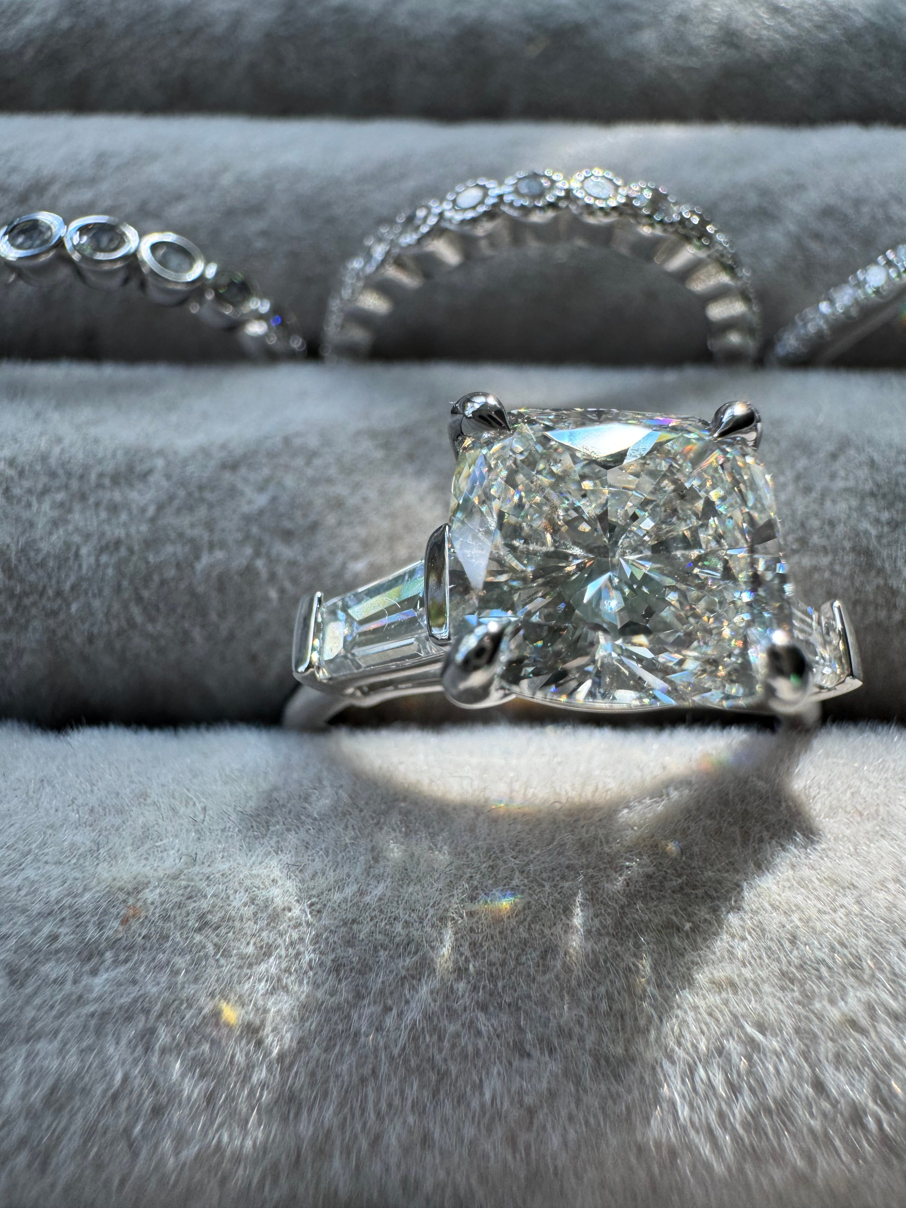Cushion Cut & Baguette Moissanite Engagement Ring