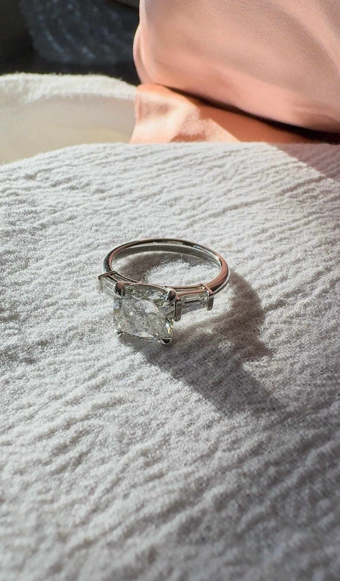 Cushion Cut & Baguette Moissanite Engagement Ring