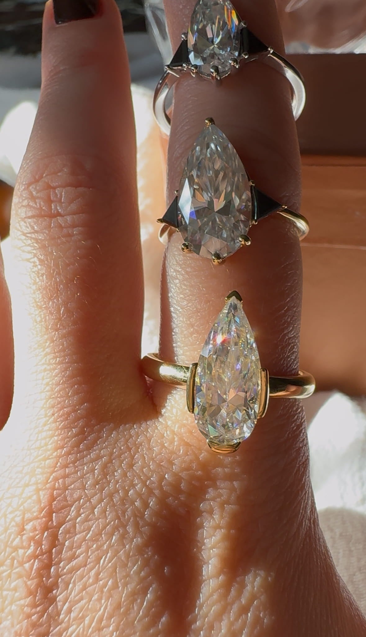 Moissanite Elongated Pear Bezel Prong Ring