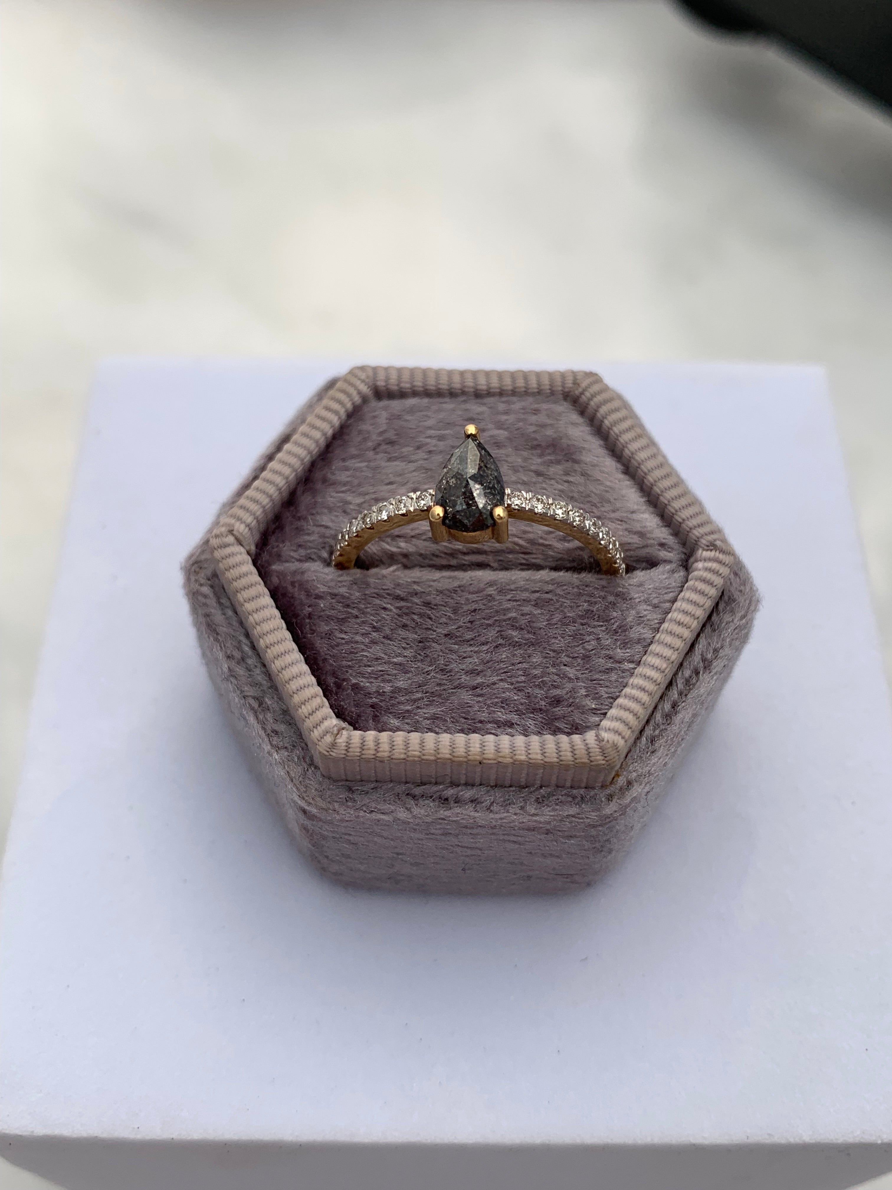 Custom Salt and Pepper Diamond Pear Solitaire Engagement Ring