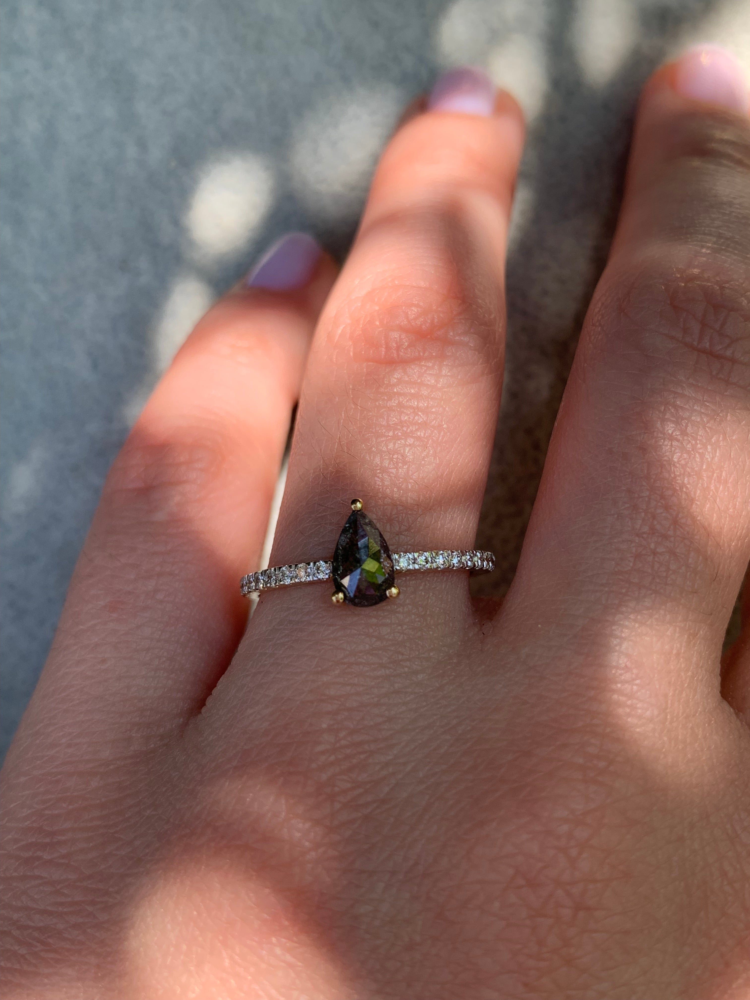 Custom Salt and Pepper Diamond Pear Solitaire Engagement Ring