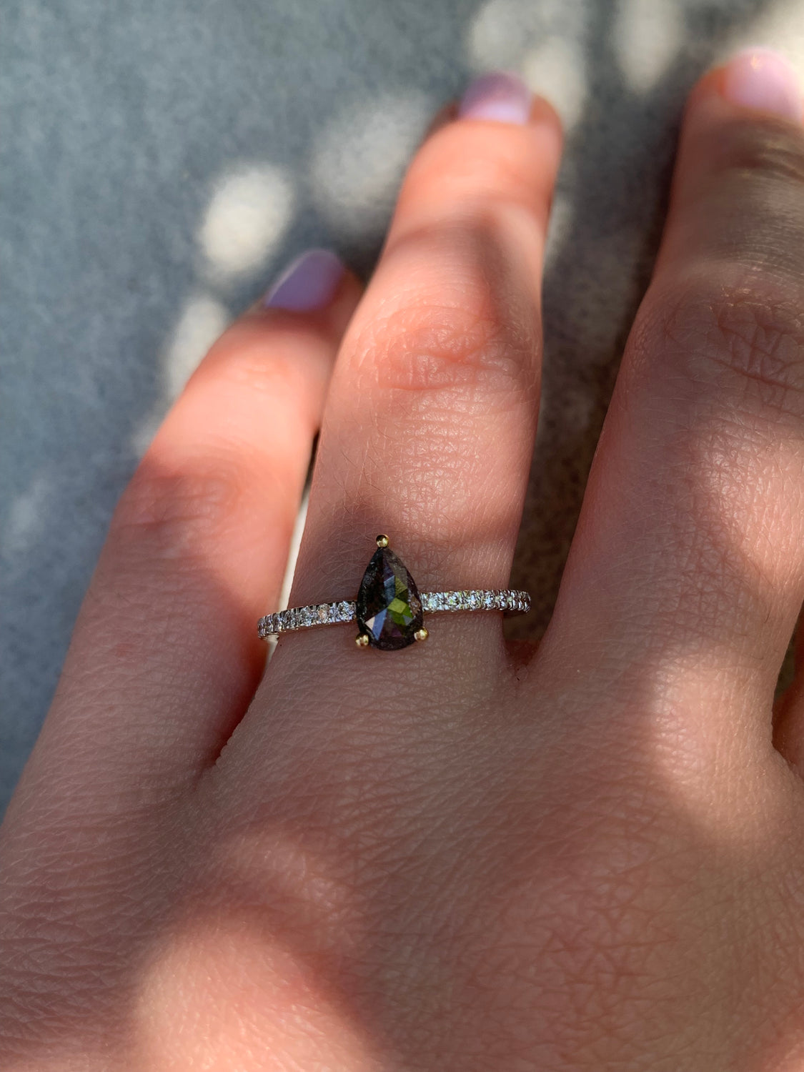 Salt and Pepper Diamond Pear Solitaire Engagement Ring