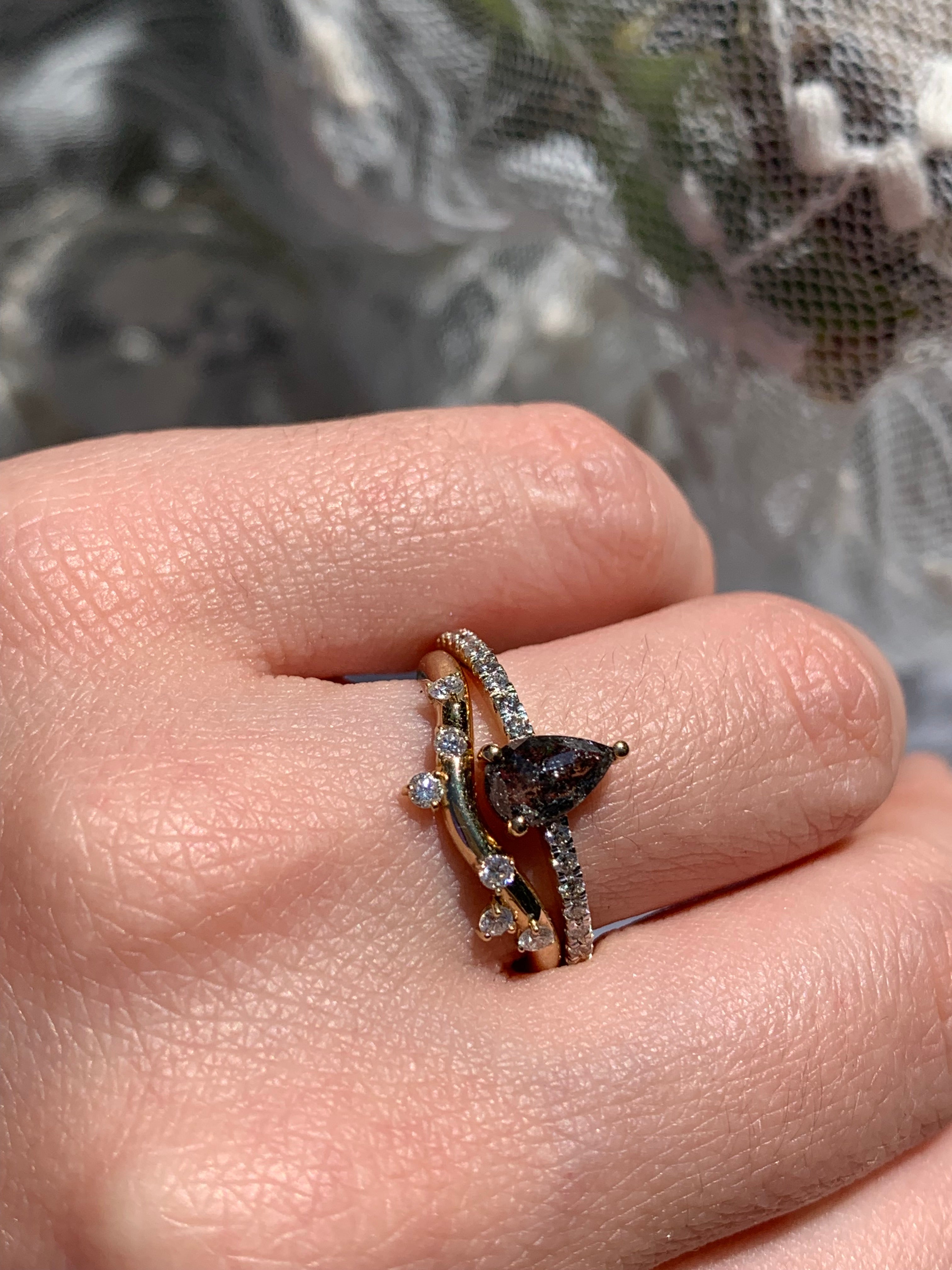 Custom Salt and Pepper Diamond Pear Solitaire Engagement Ring