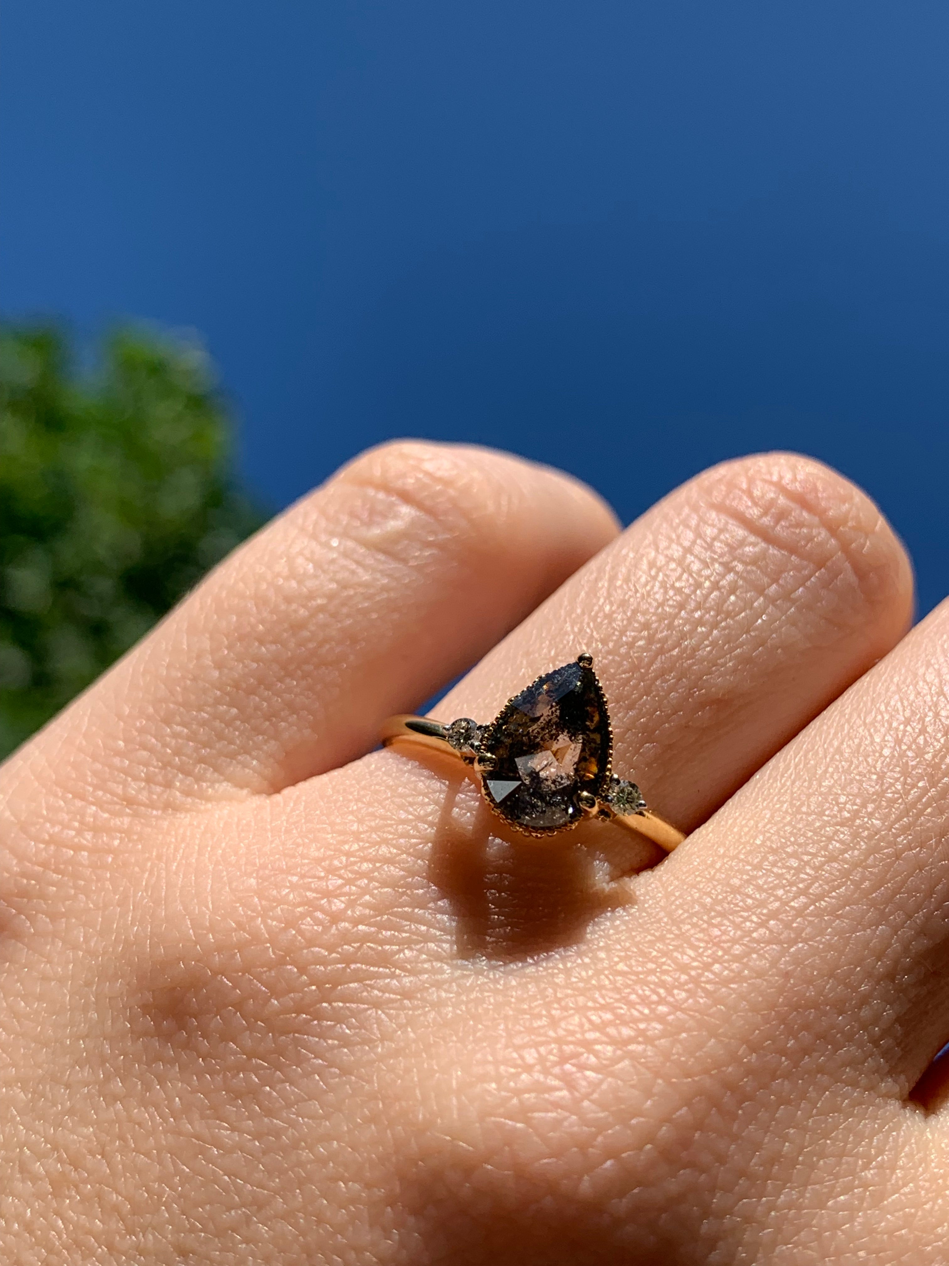 Salt and Pepper Pear Diamond Engagement Ring