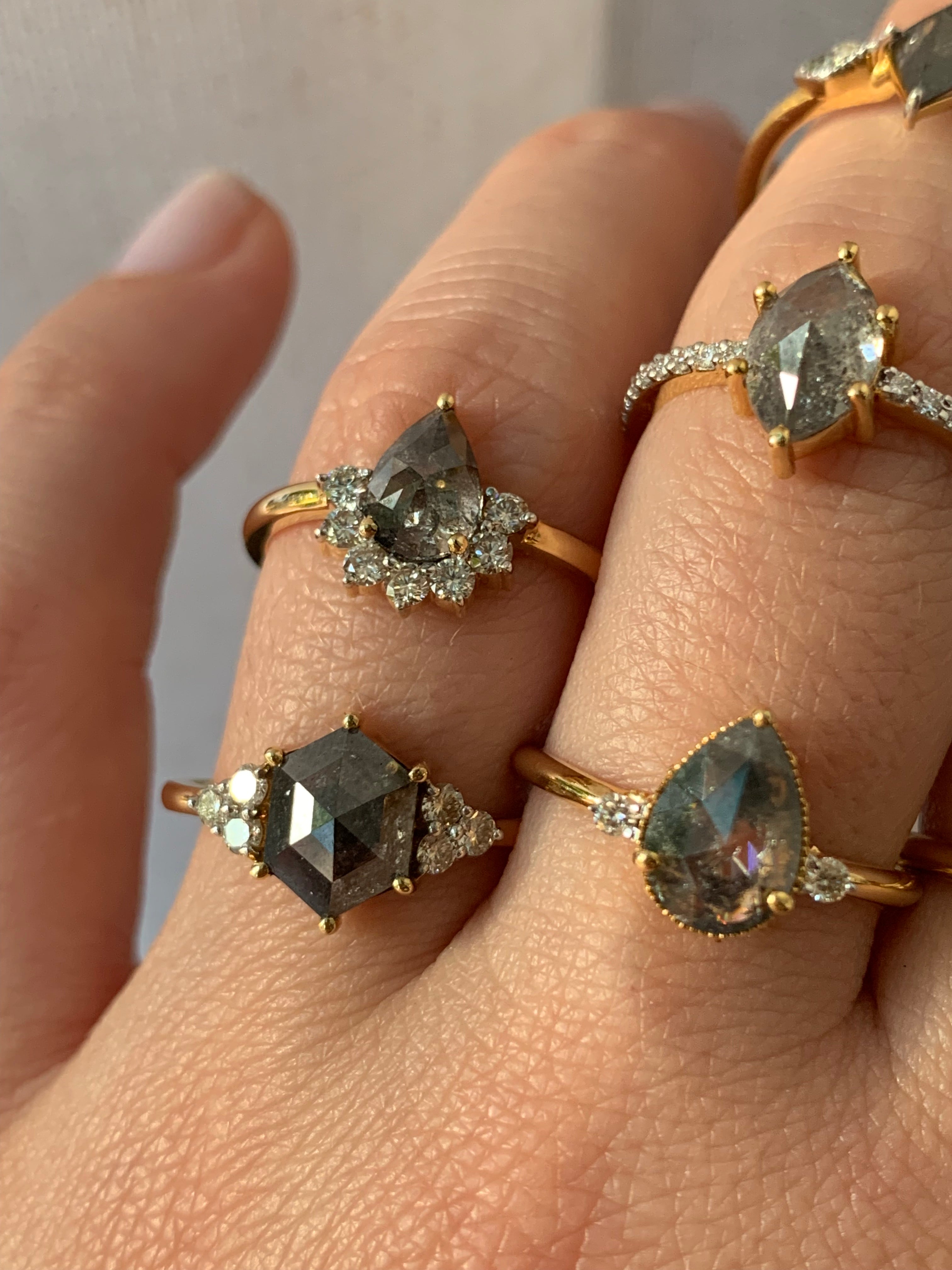 Custom Salt and Pepper Diamond Hexagon Engagement Ring