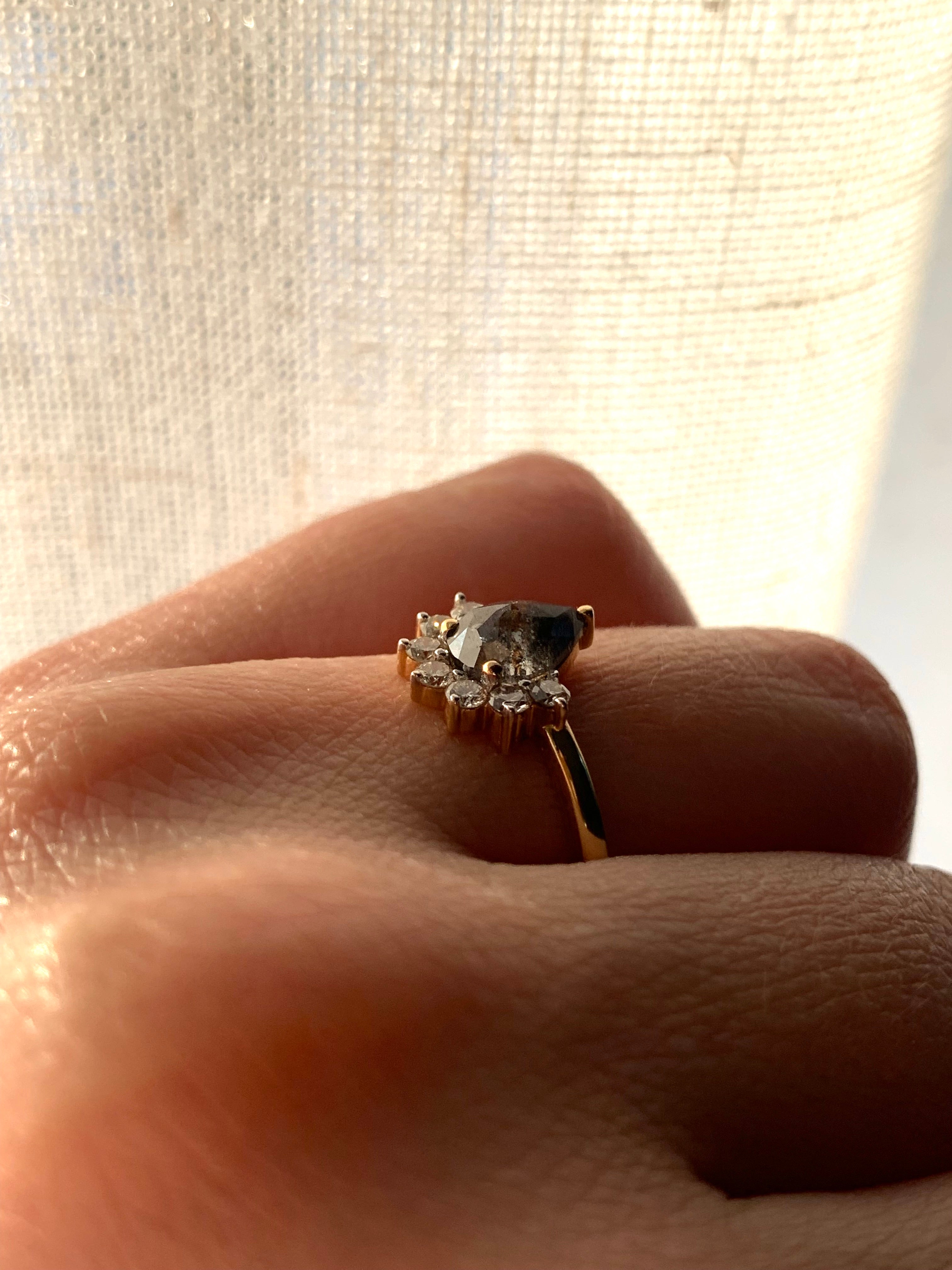 Custom Salt and Pepper Diamond Pear with Bottom Halo Engagement Ring