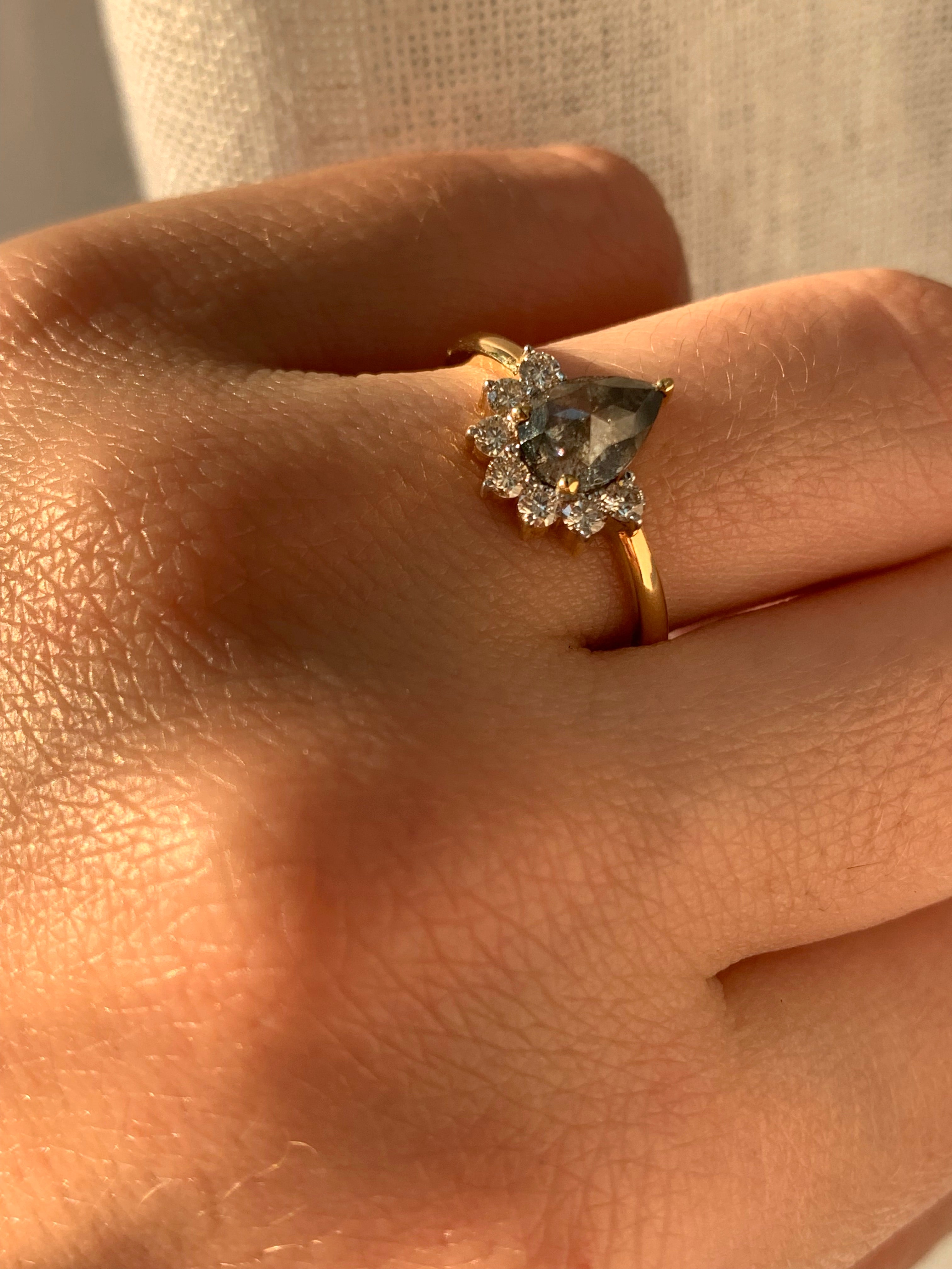 Custom Salt and Pepper Diamond Pear with Bottom Halo Engagement Ring