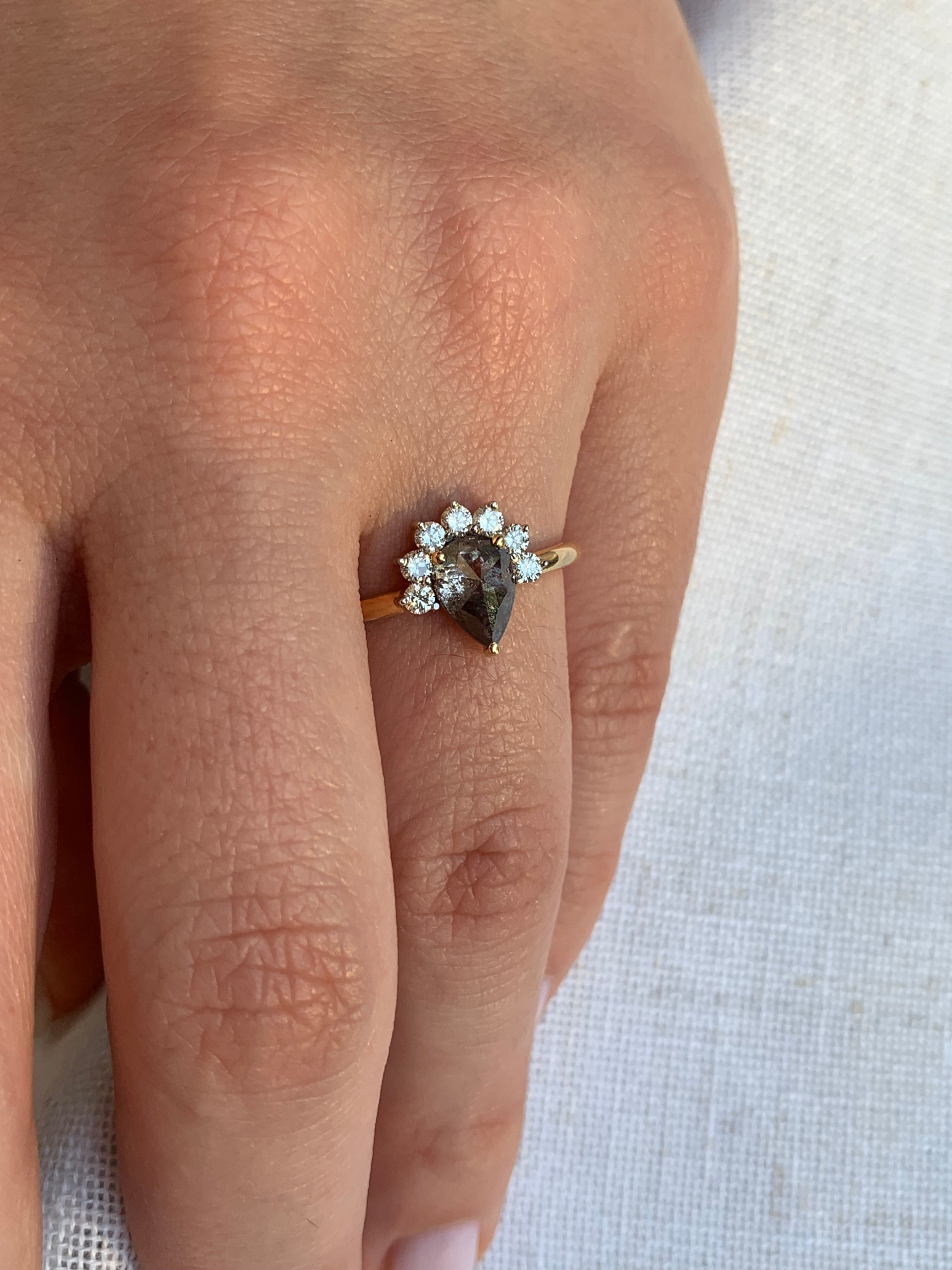 Custom Salt and Pepper Diamond Pear with Bottom Halo Engagement Ring