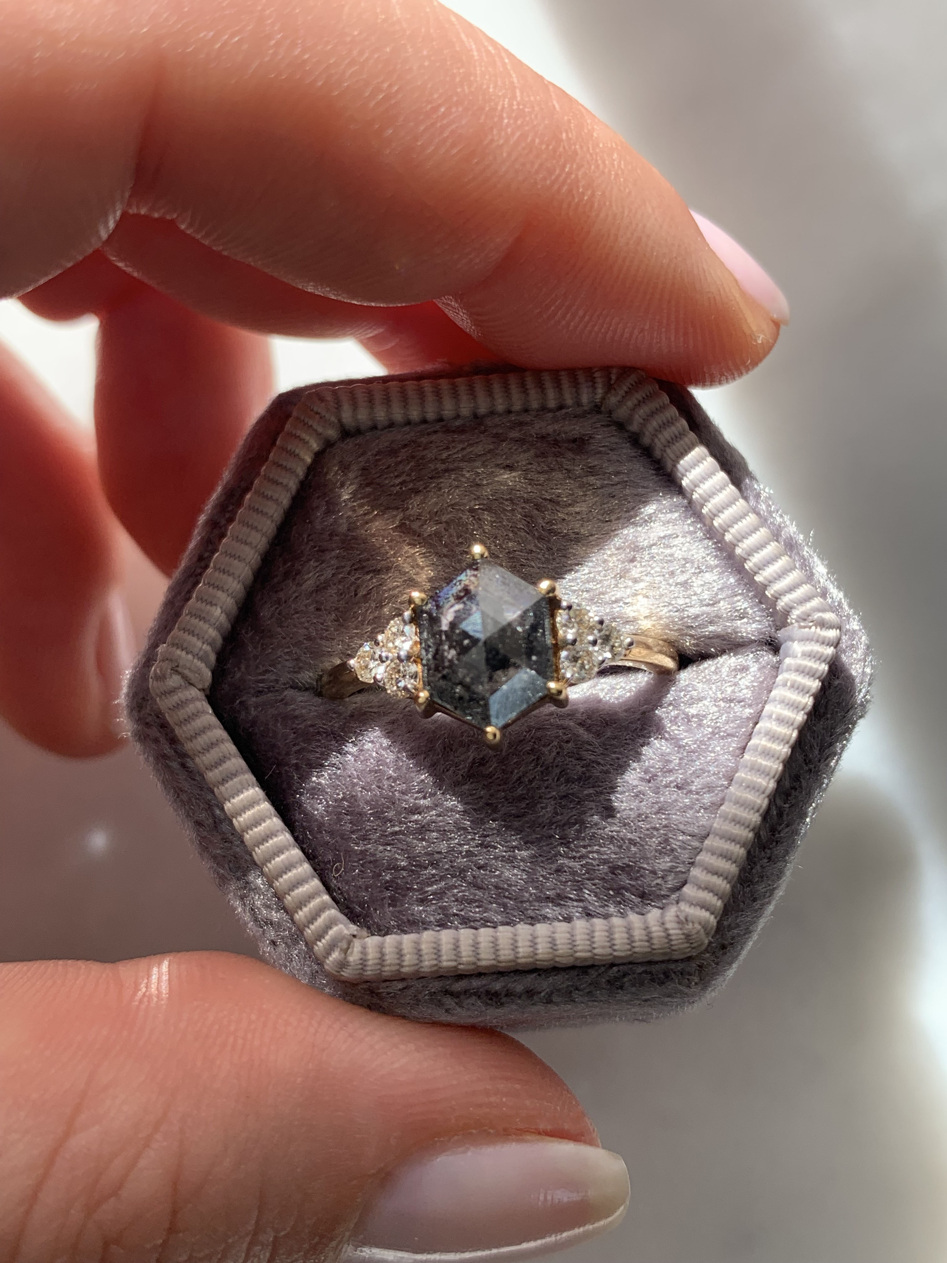 Custom Salt and Pepper Diamond Hexagon Engagement Ring