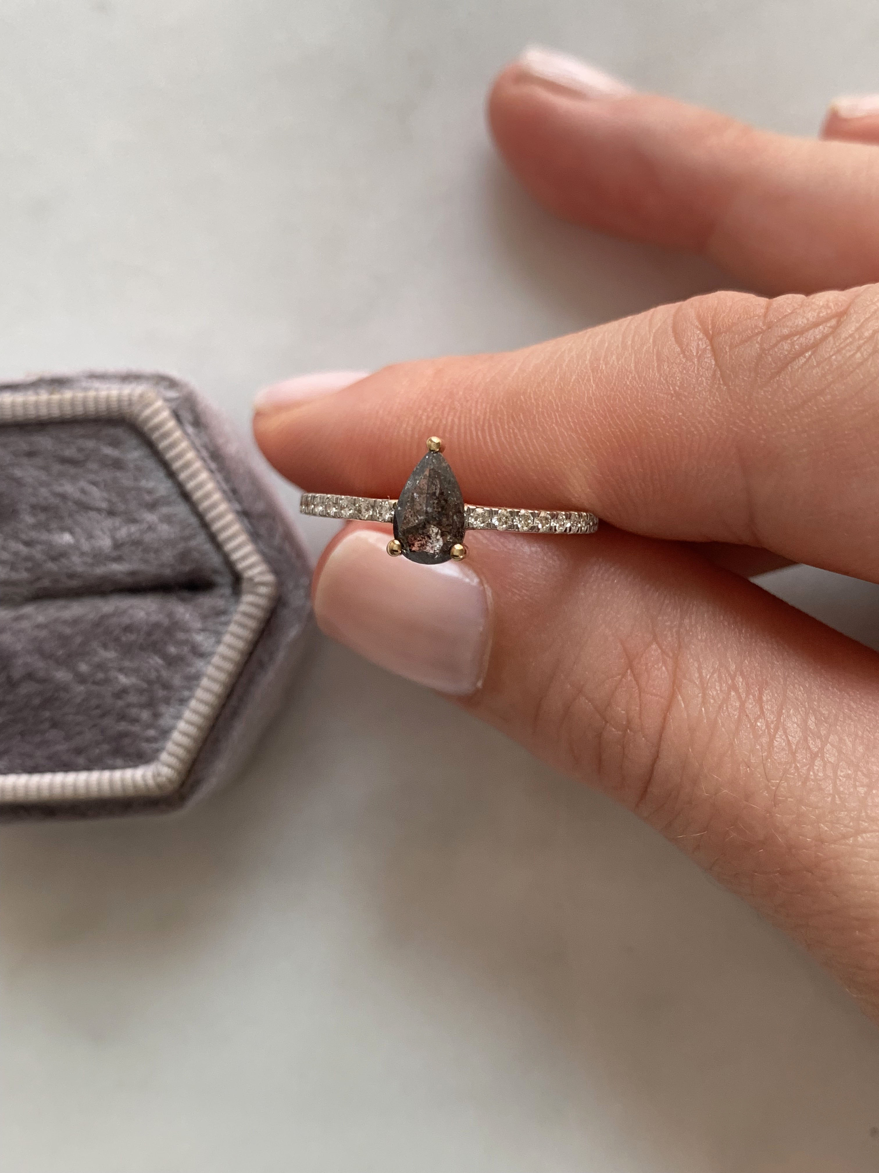 Custom Salt and Pepper Diamond Pear Solitaire Engagement Ring