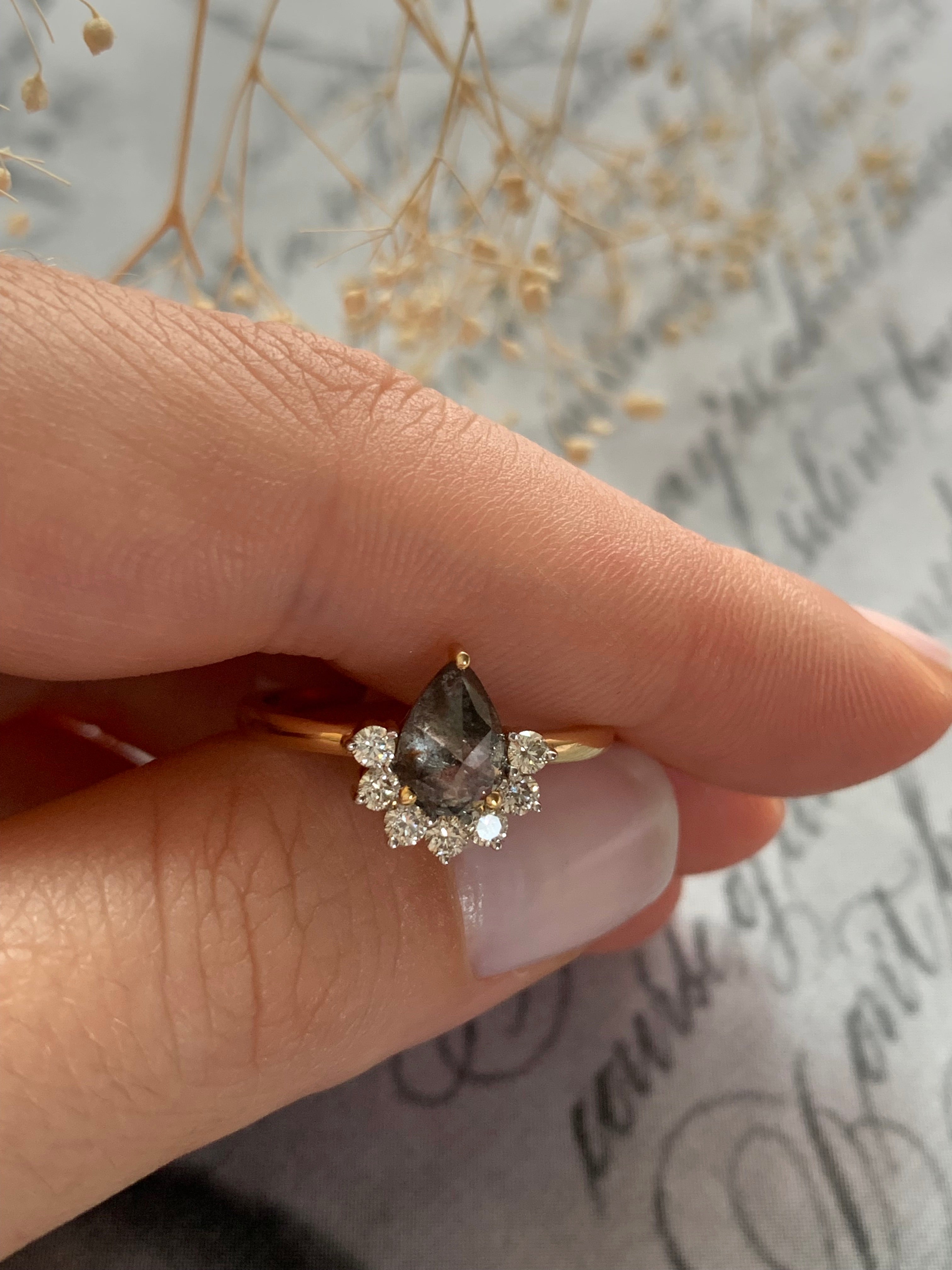 Salt and Pepper Diamond Pear with Bottom Halo Engagement Ring