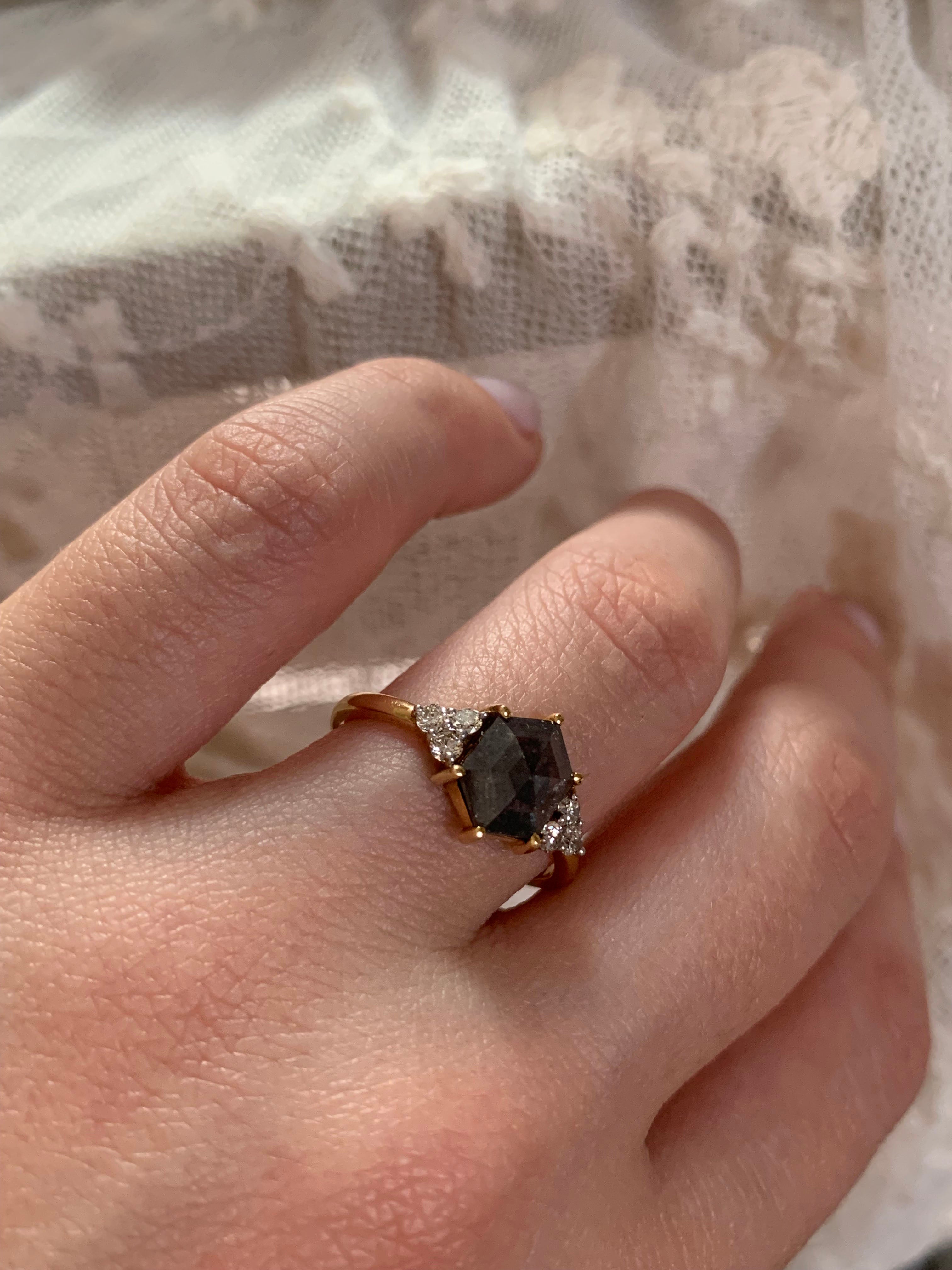 Custom Salt and Pepper Diamond Hexagon Engagement Ring