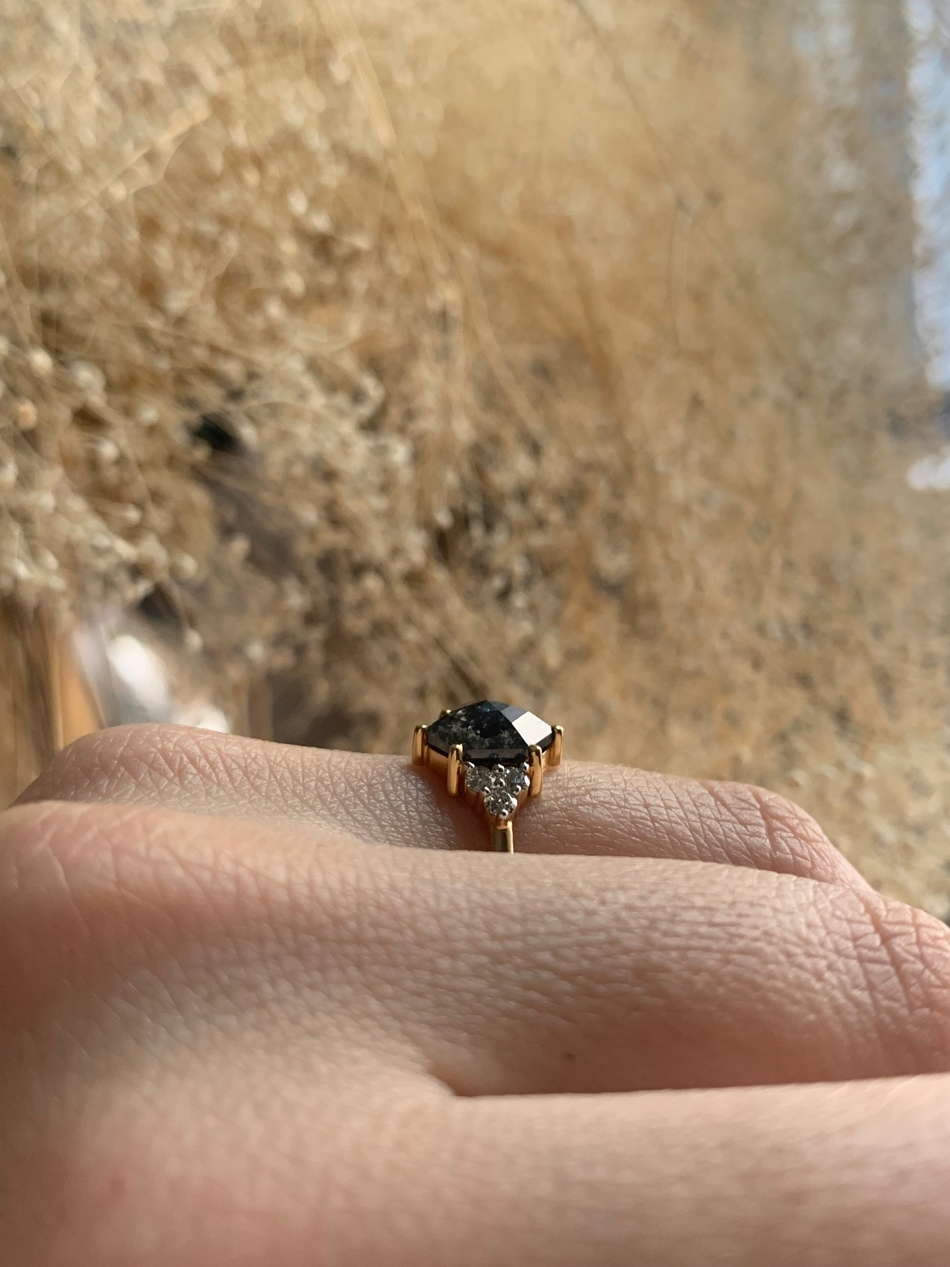 Salt and Pepper Diamond Hexagon Engagement Ring