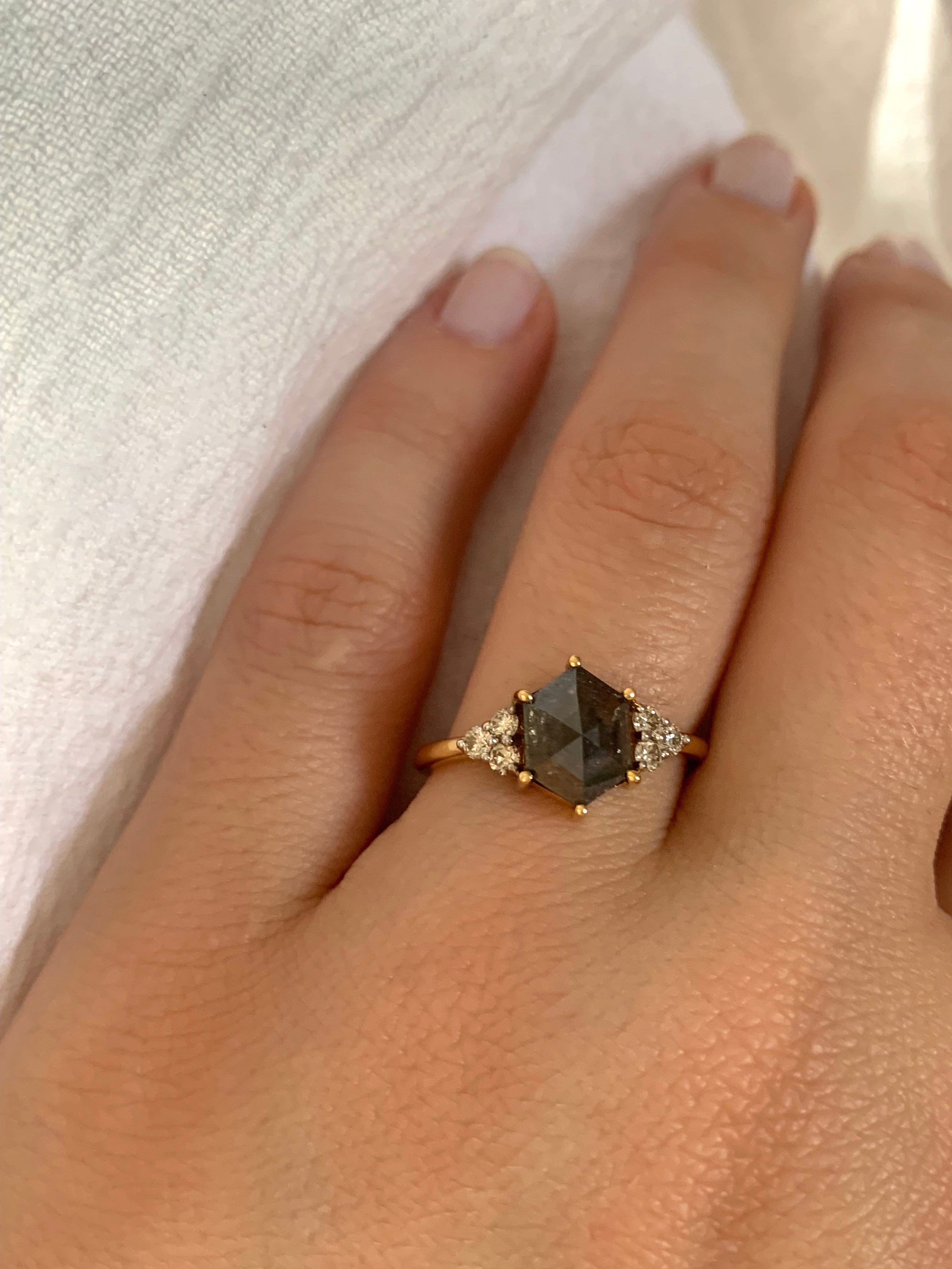Custom Salt and Pepper Diamond Hexagon Engagement Ring