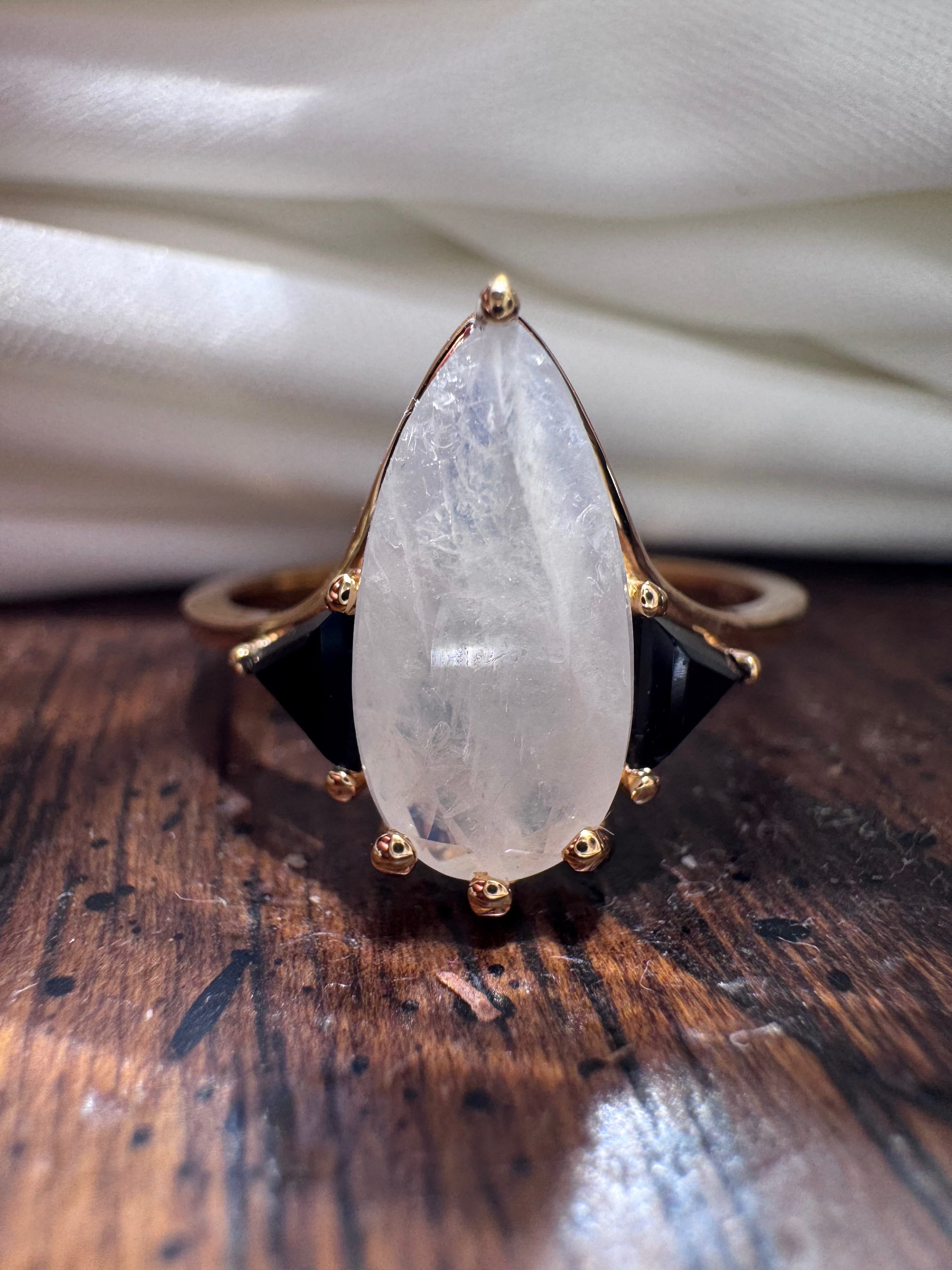 Moonstone Elongated Pear with Black Side Stones Engagement Ring