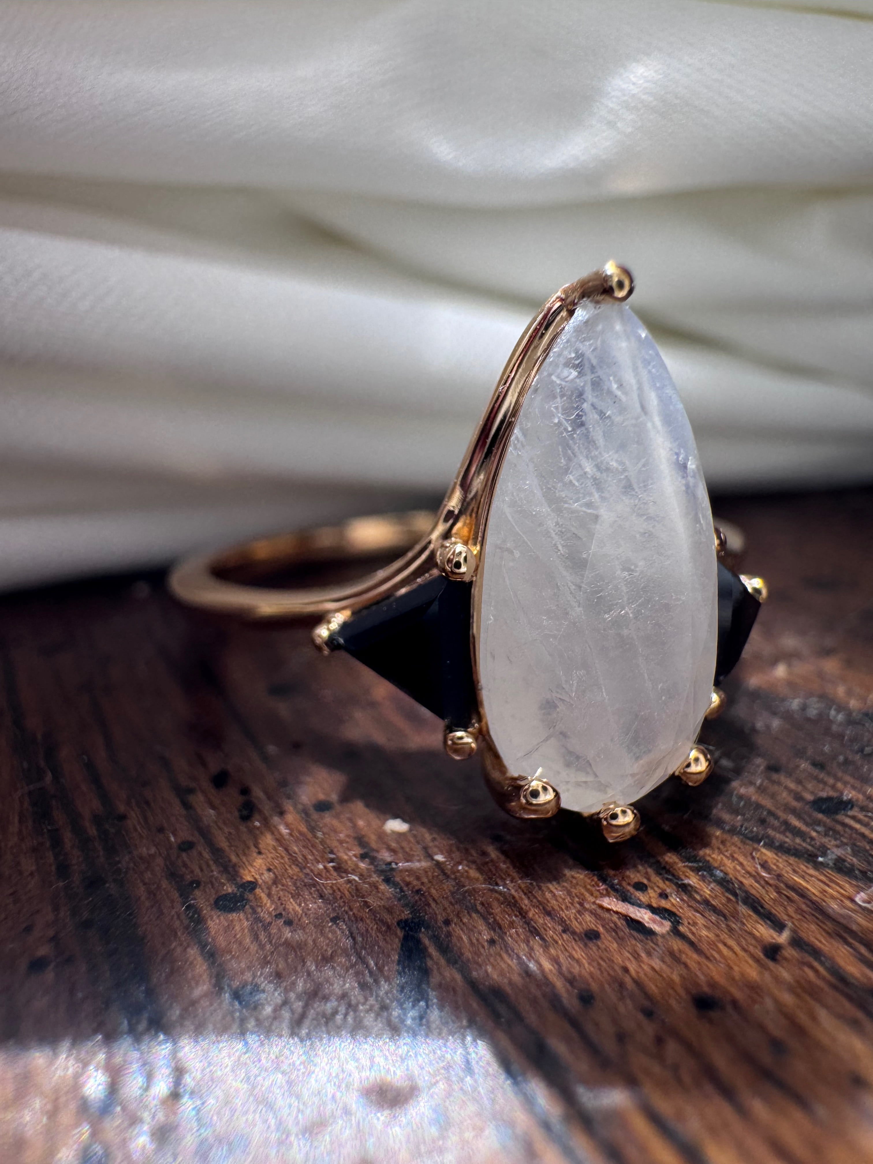 Moonstone Elongated Pear with Black Side Stones Engagement Ring