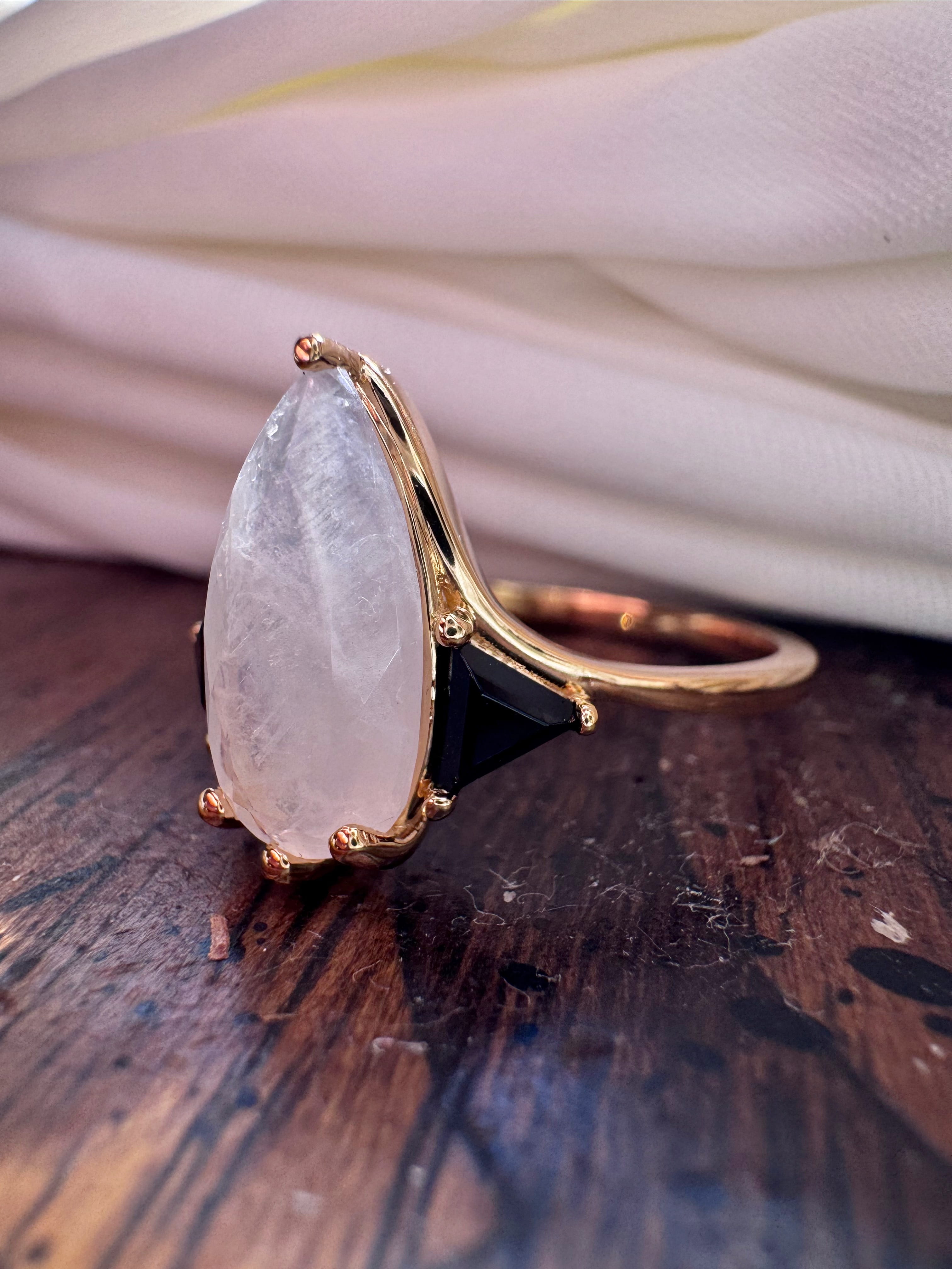 Moonstone Elongated Pear with Black Side Stones Engagement Ring