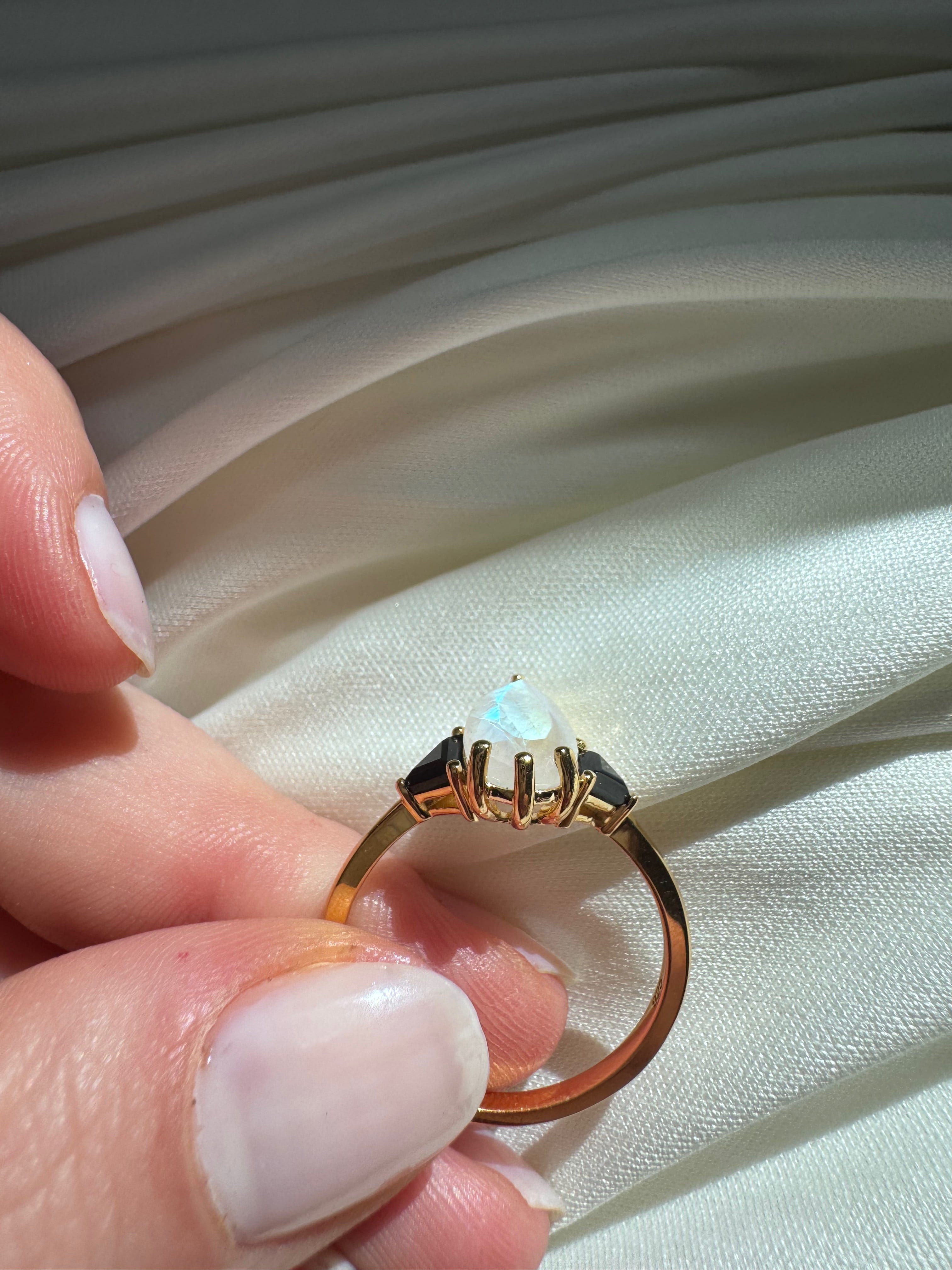 Moonstone Elongated Pear with Black Side Stones Engagement Ring