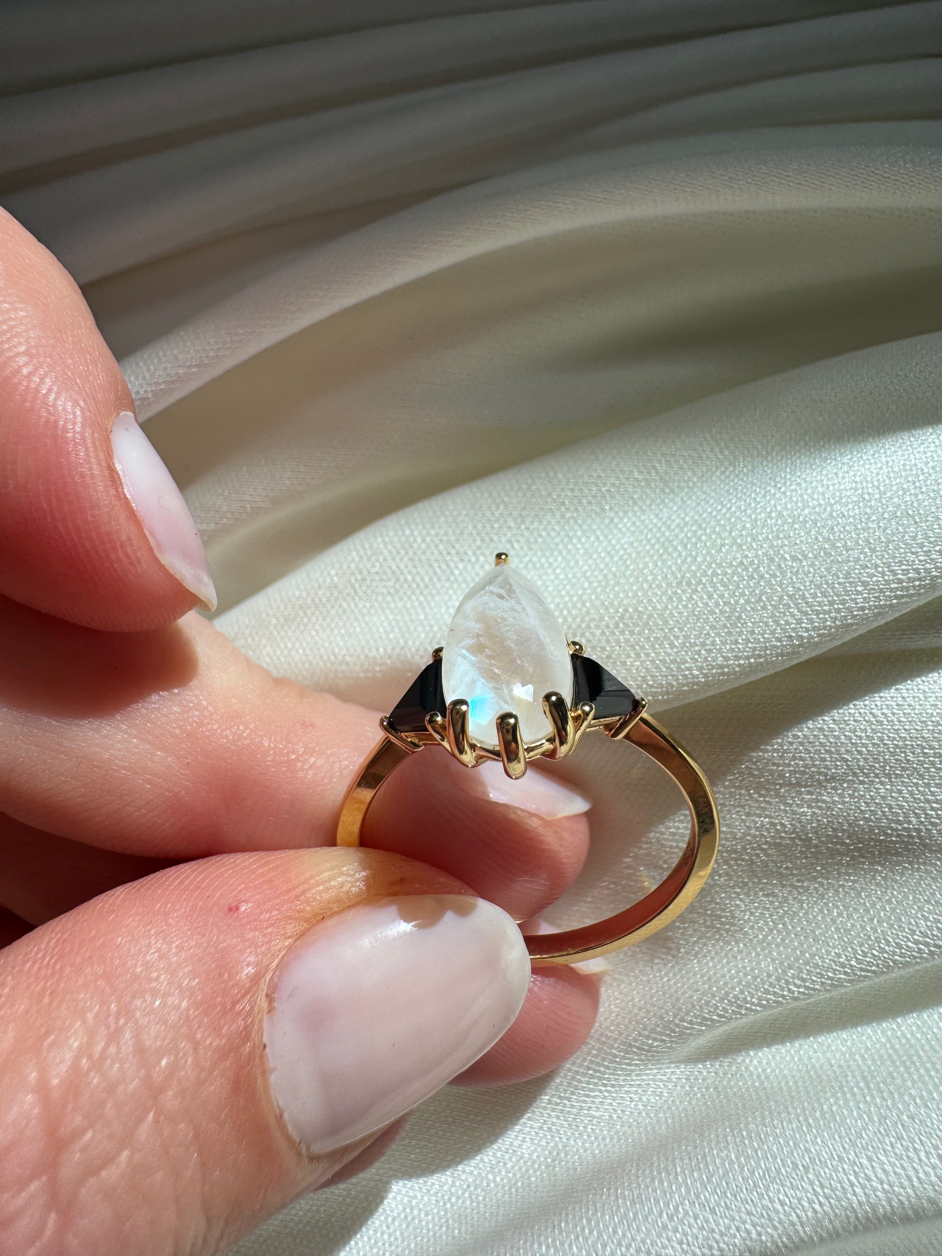 Moonstone Elongated Pear with Black Side Stones Engagement Ring