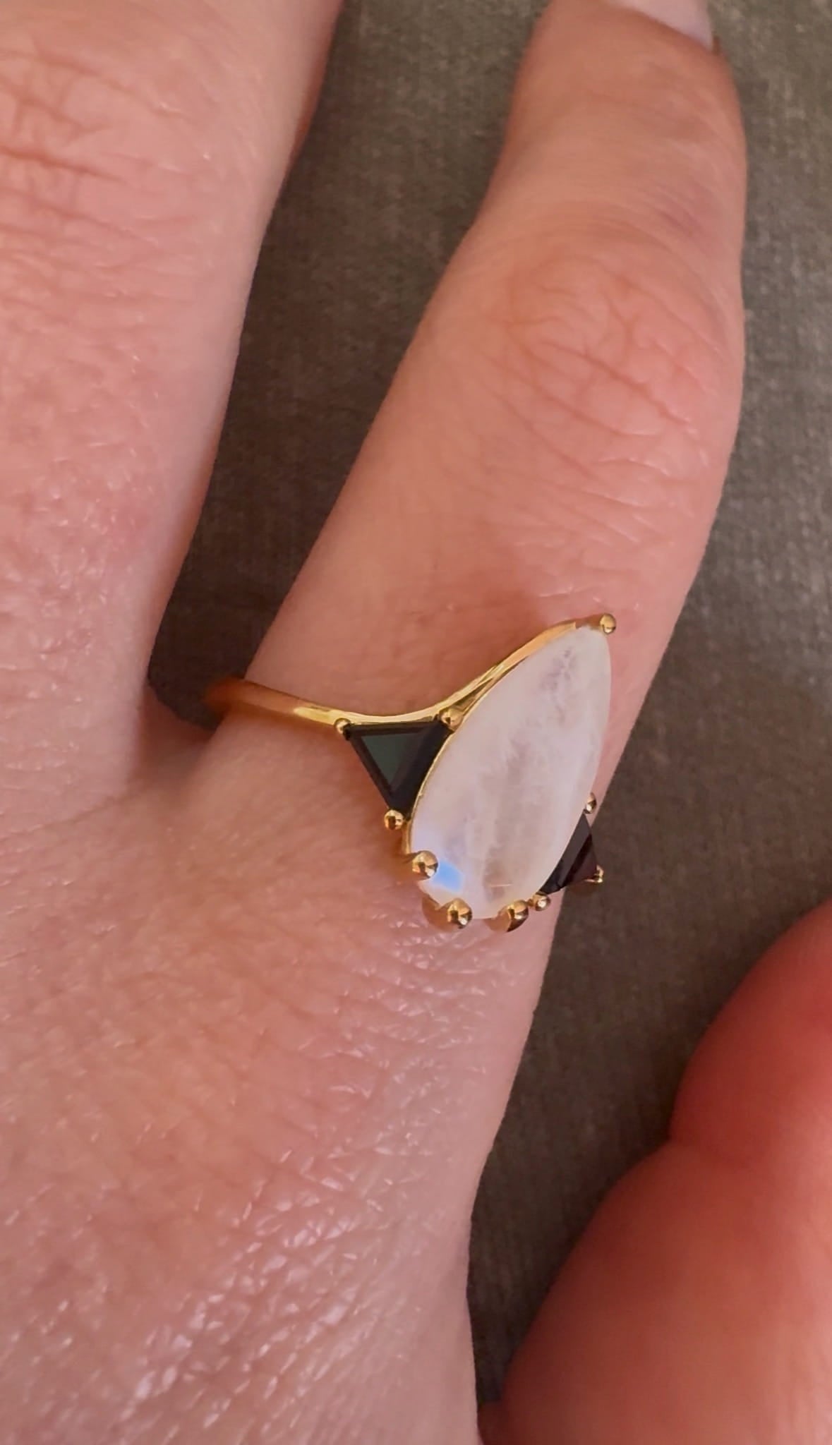Moonstone Elongated Pear with Black Side Stones Engagement Ring