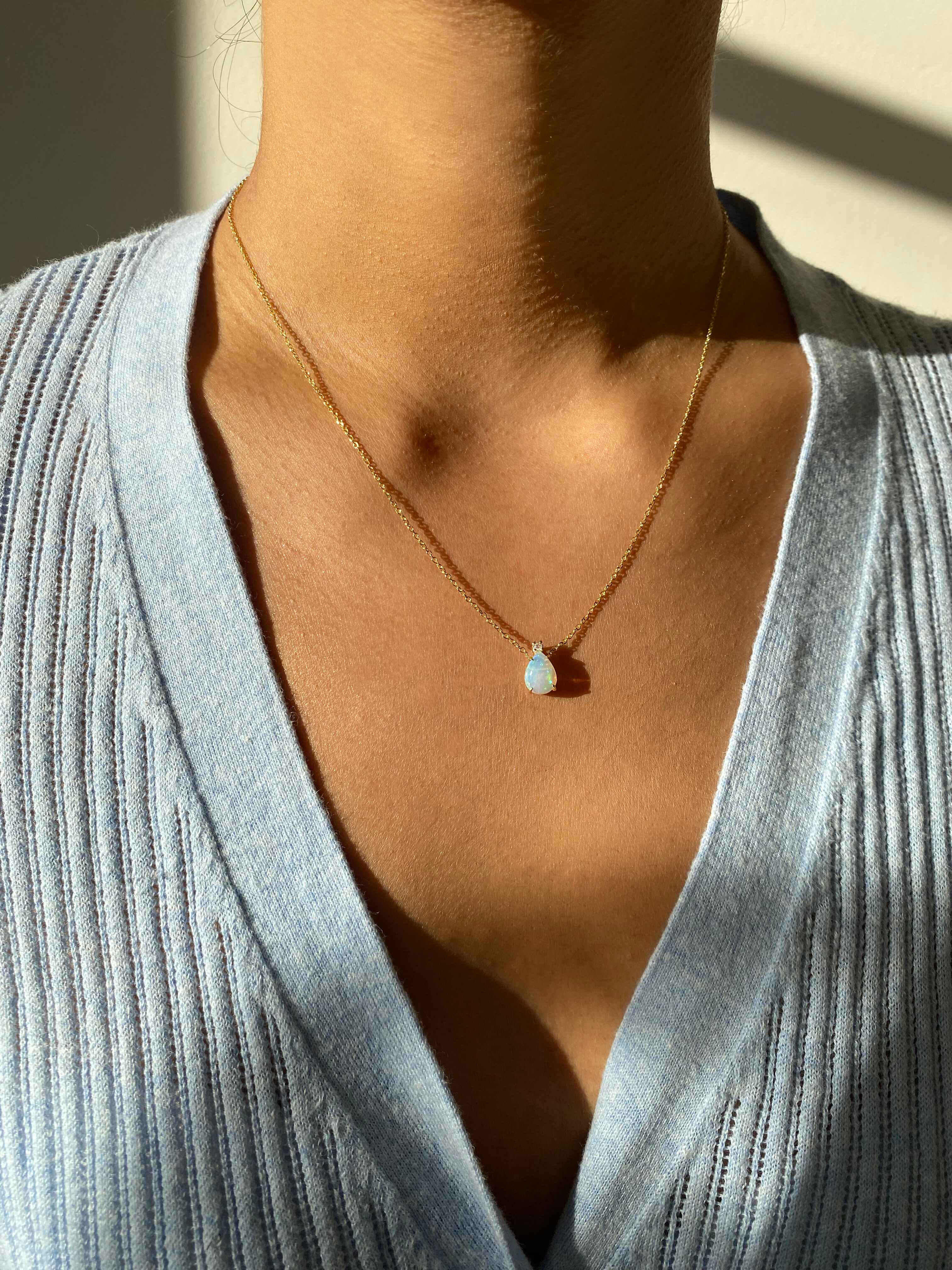 Dainty Pear Opal and Diamond Necklace