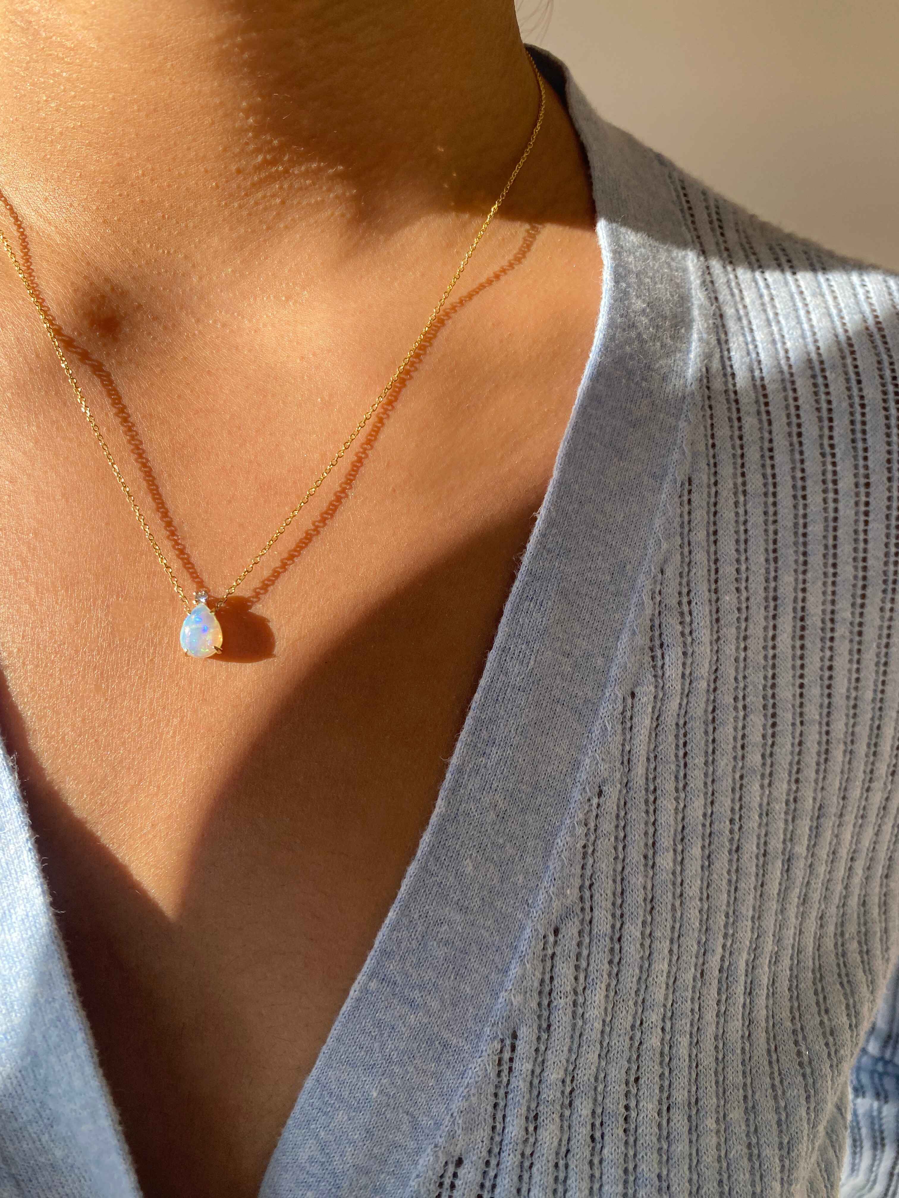 Dainty Pear Opal and Diamond Necklace