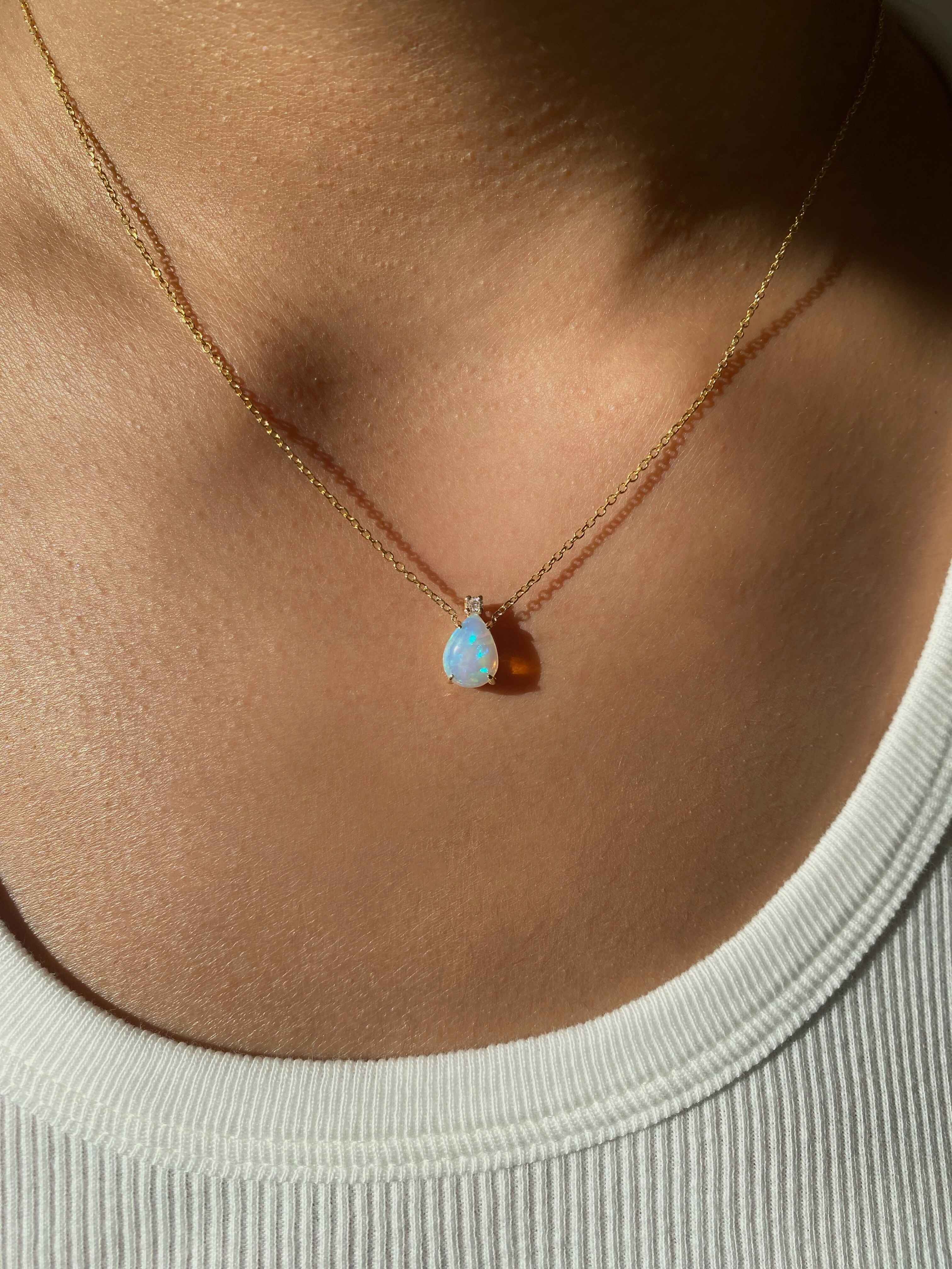 Dainty Pear Opal and Diamond Necklace