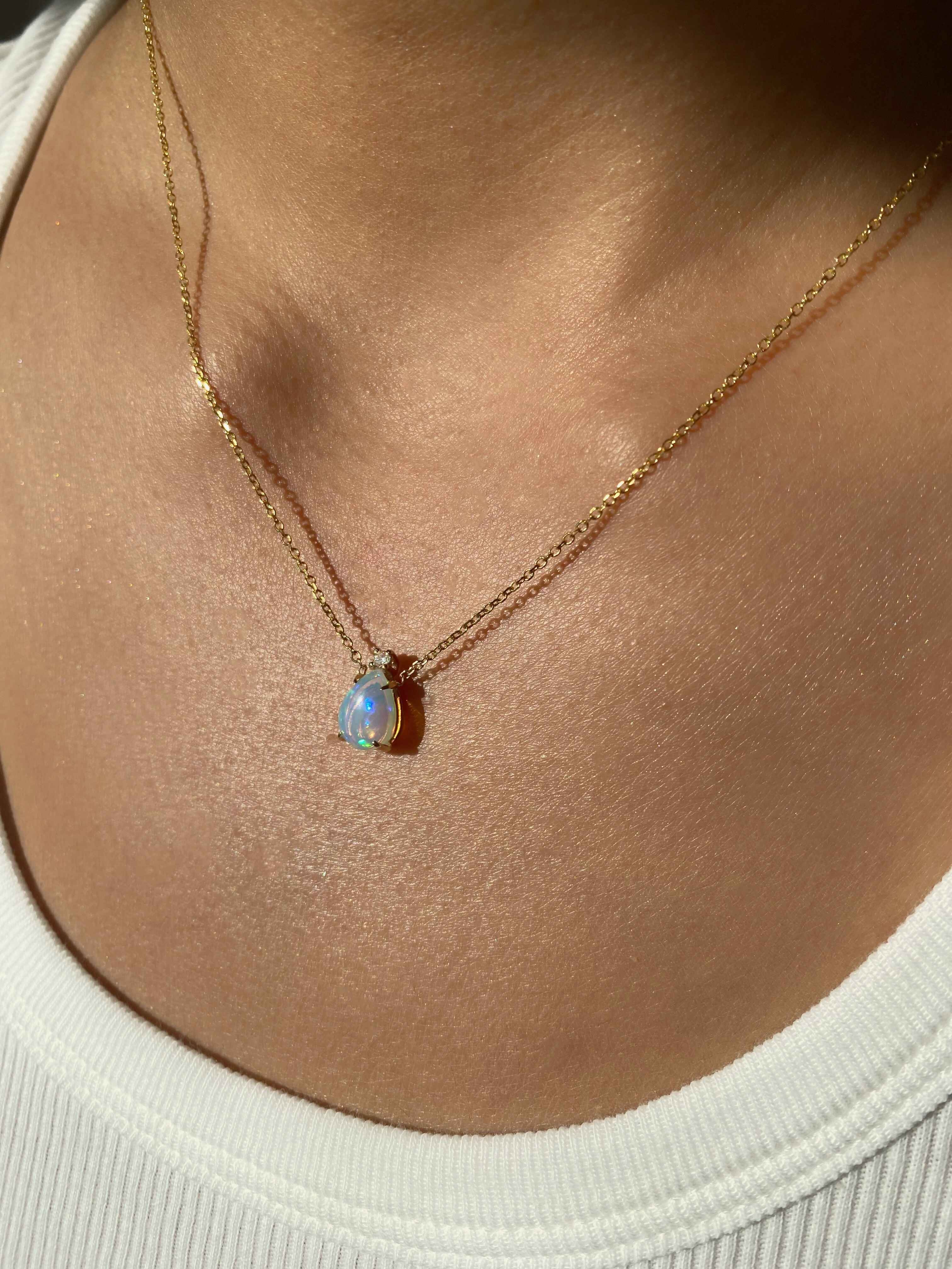Dainty Pear Opal and Diamond Necklace