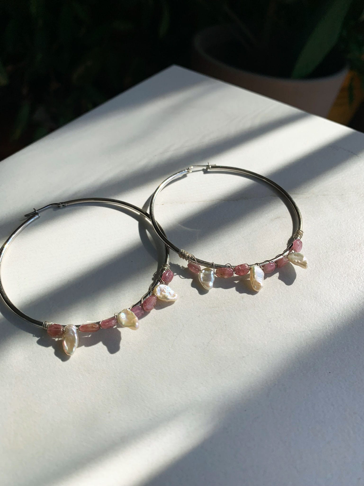 Pink Tourmaline and Pearl Shaker Hoops