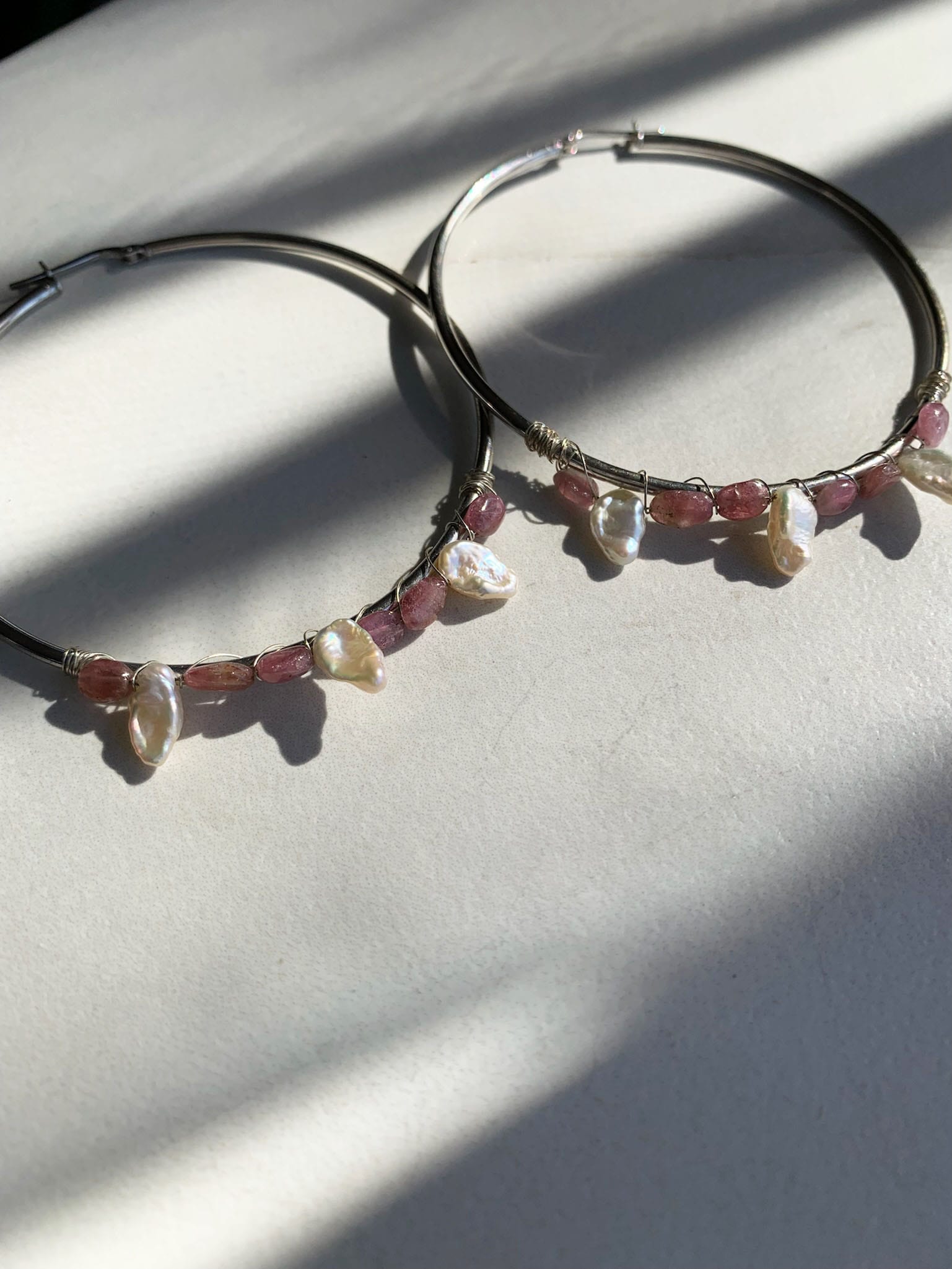 Pink Tourmaline and Pearl Shaker Hoops