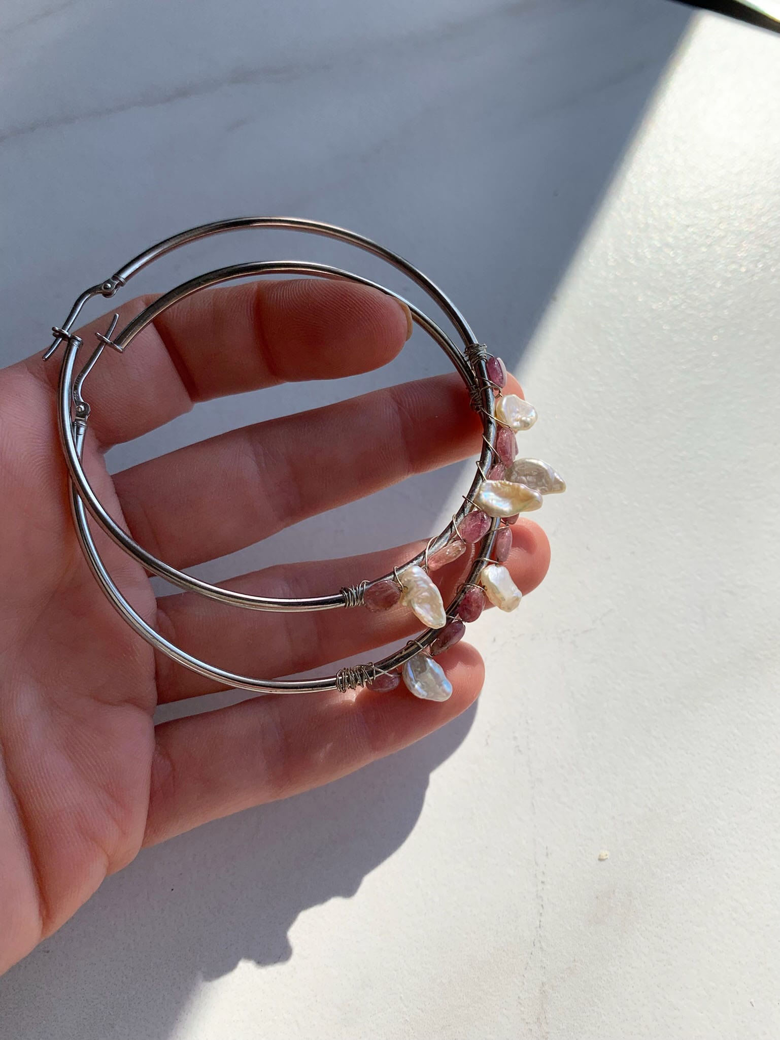 Pink Tourmaline and Pearl Shaker Hoops