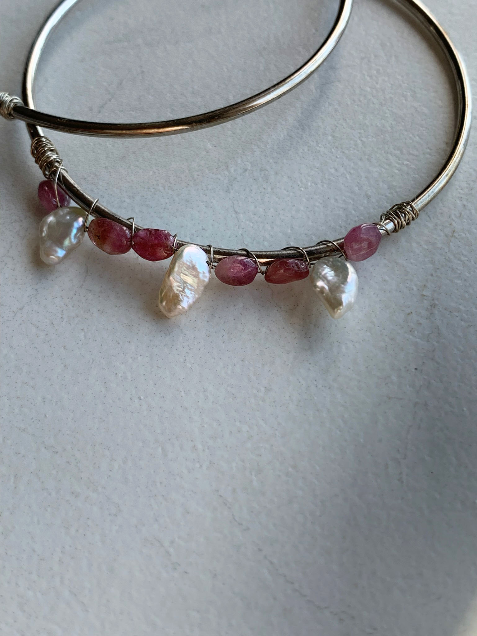 Pink Tourmaline and Pearl Shaker Hoops