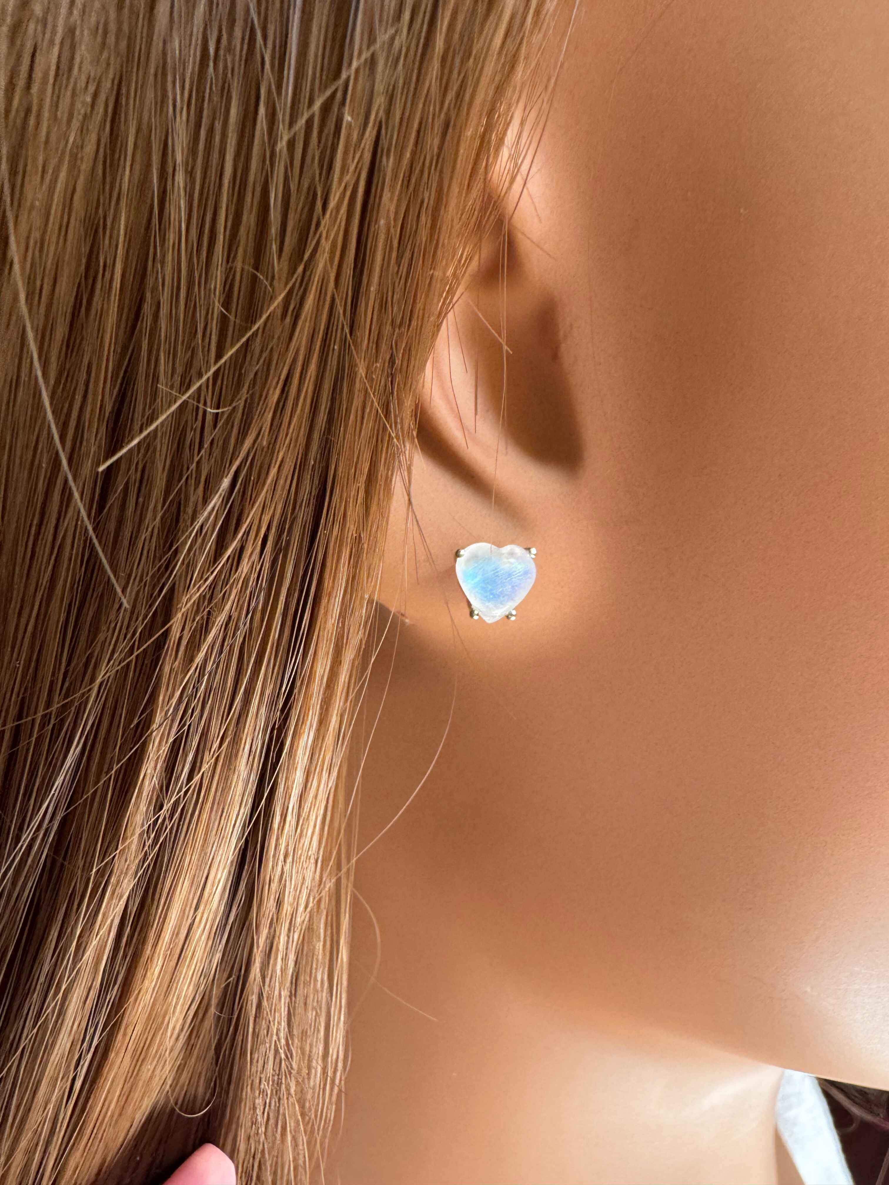 Handmade Solid Gold Moonstone Heart Cabochon Stud Earrings